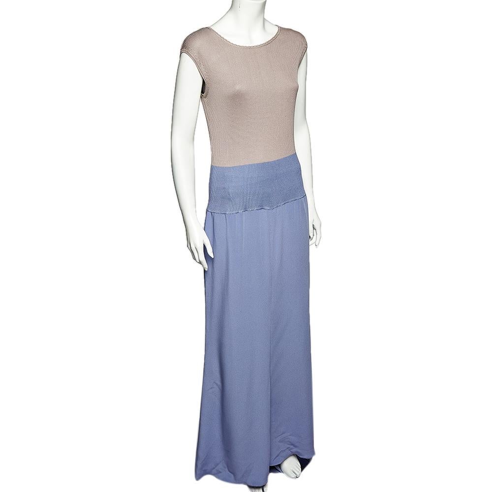 Valentino Boutique Beige Knit & Lilac Silk Paneled Sleeveless Maxi Dress XL In Good Condition In Dubai, Al Qouz 2