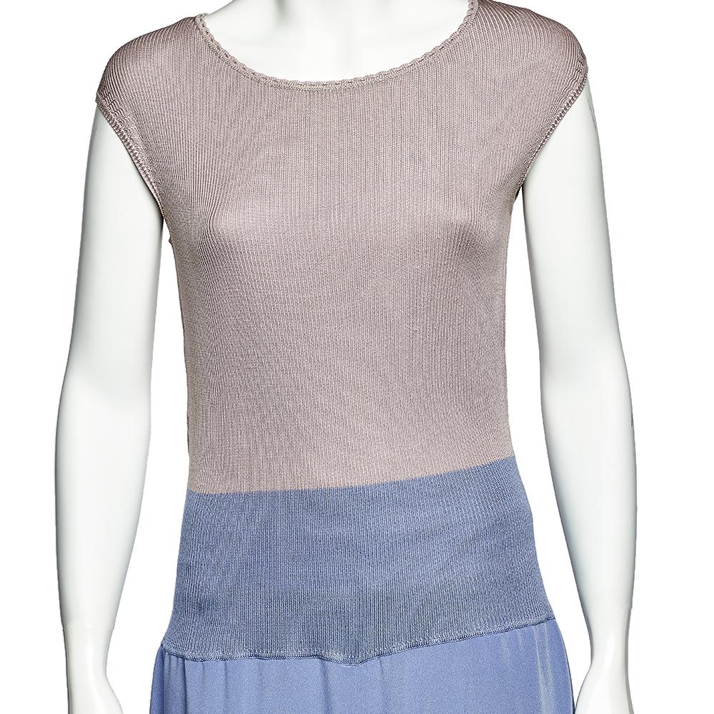 Valentino Boutique Beige Knit & Lilac Silk Paneled Sleeveless Maxi Dress XL 2