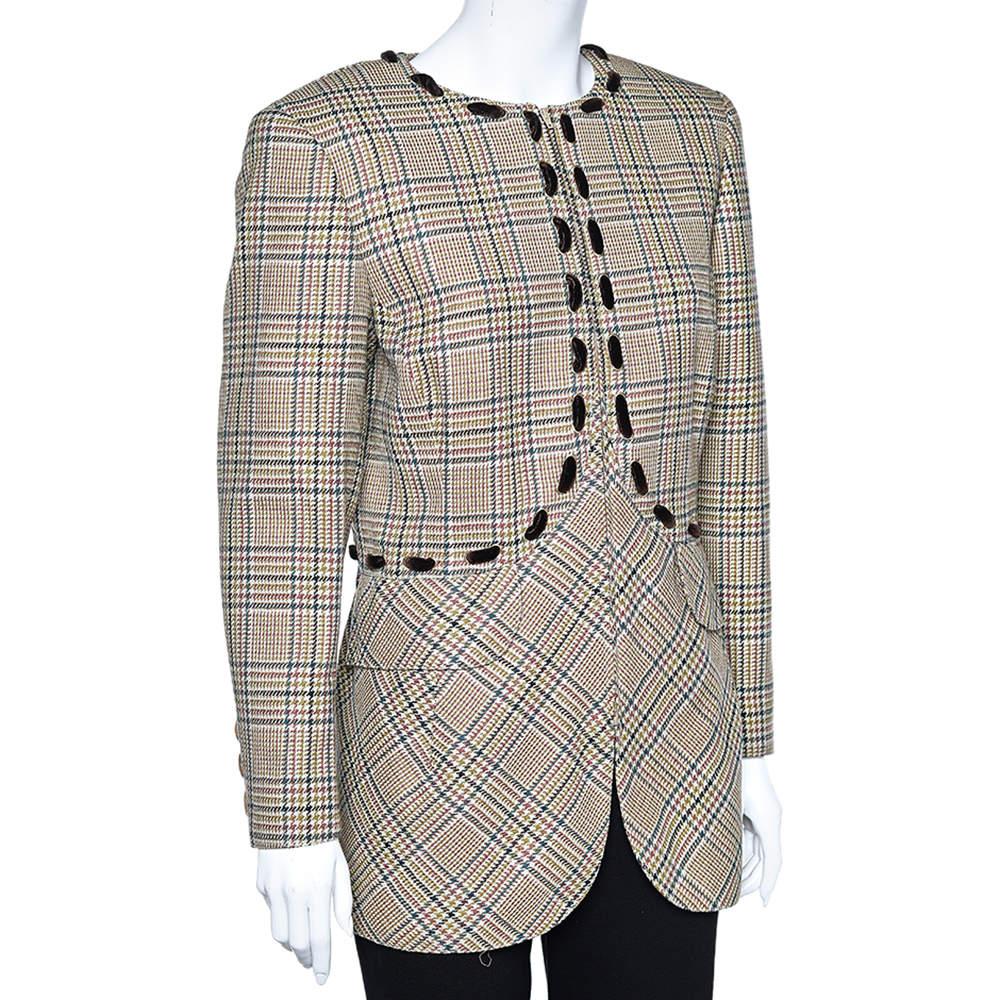 Women's Valentino Boutique Beige Prince Of Wales Check Wool Blazer L For Sale