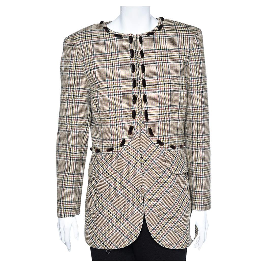 Valentino Boutique Beige Prince Of Wales Check Wool Blazer L For Sale