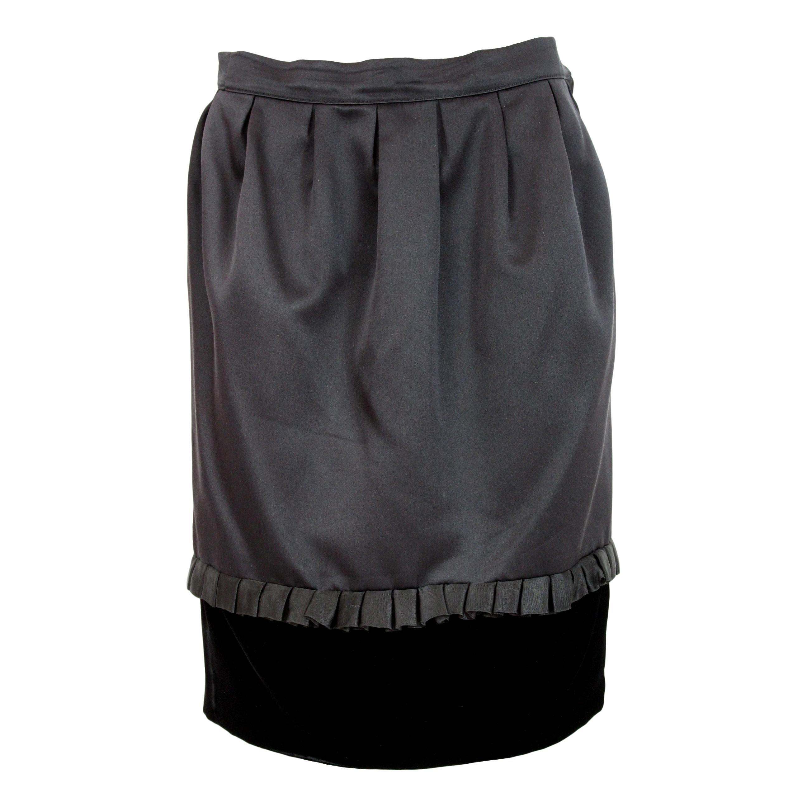 Valentino Boutique Black Satin Velvet Flounces Evening Sheath Skirt 