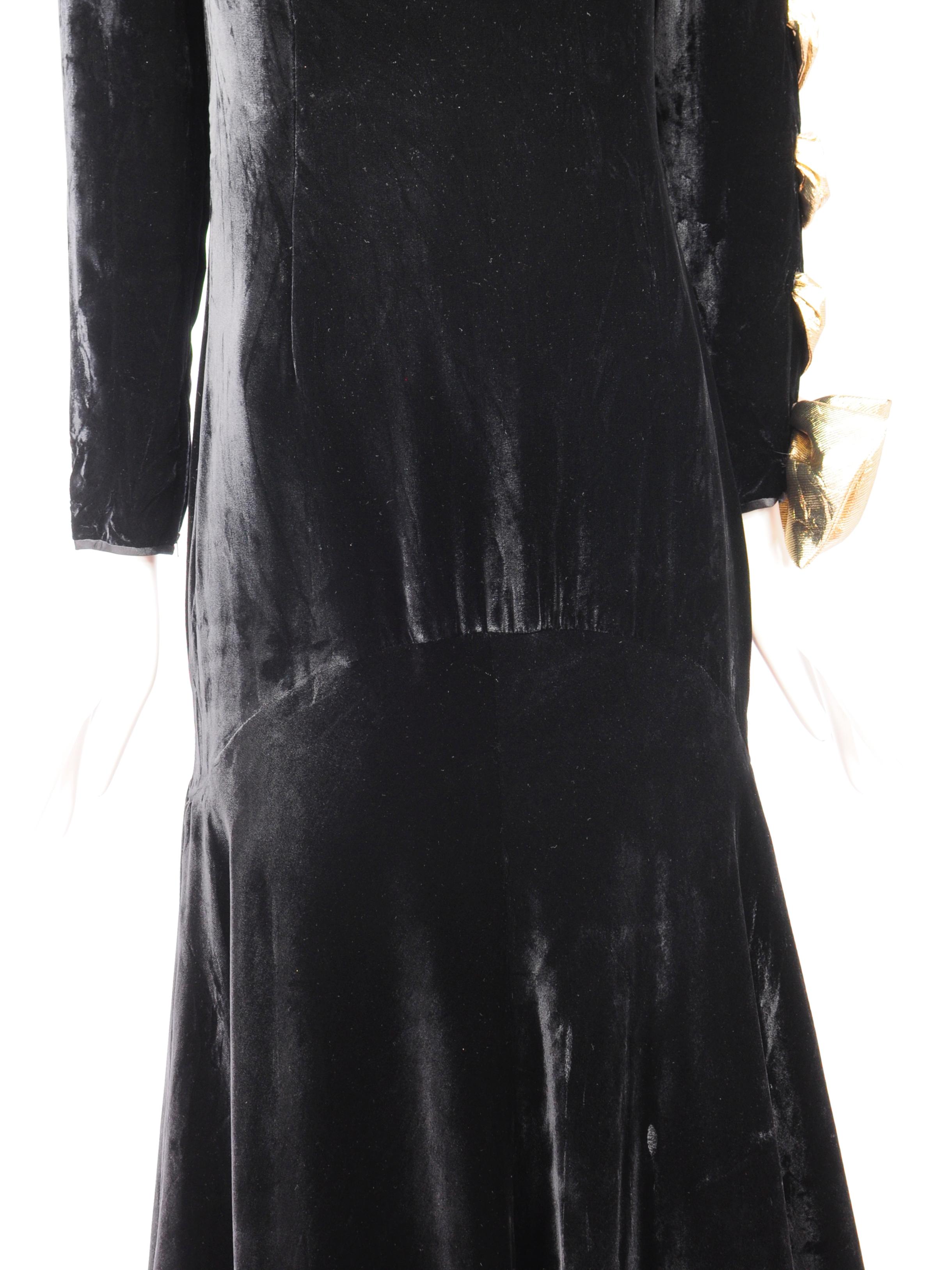 Valentino Boutique Black Velvet Long Sleeve Gown with Gold Lamé Bow Sleeve 1980s 4