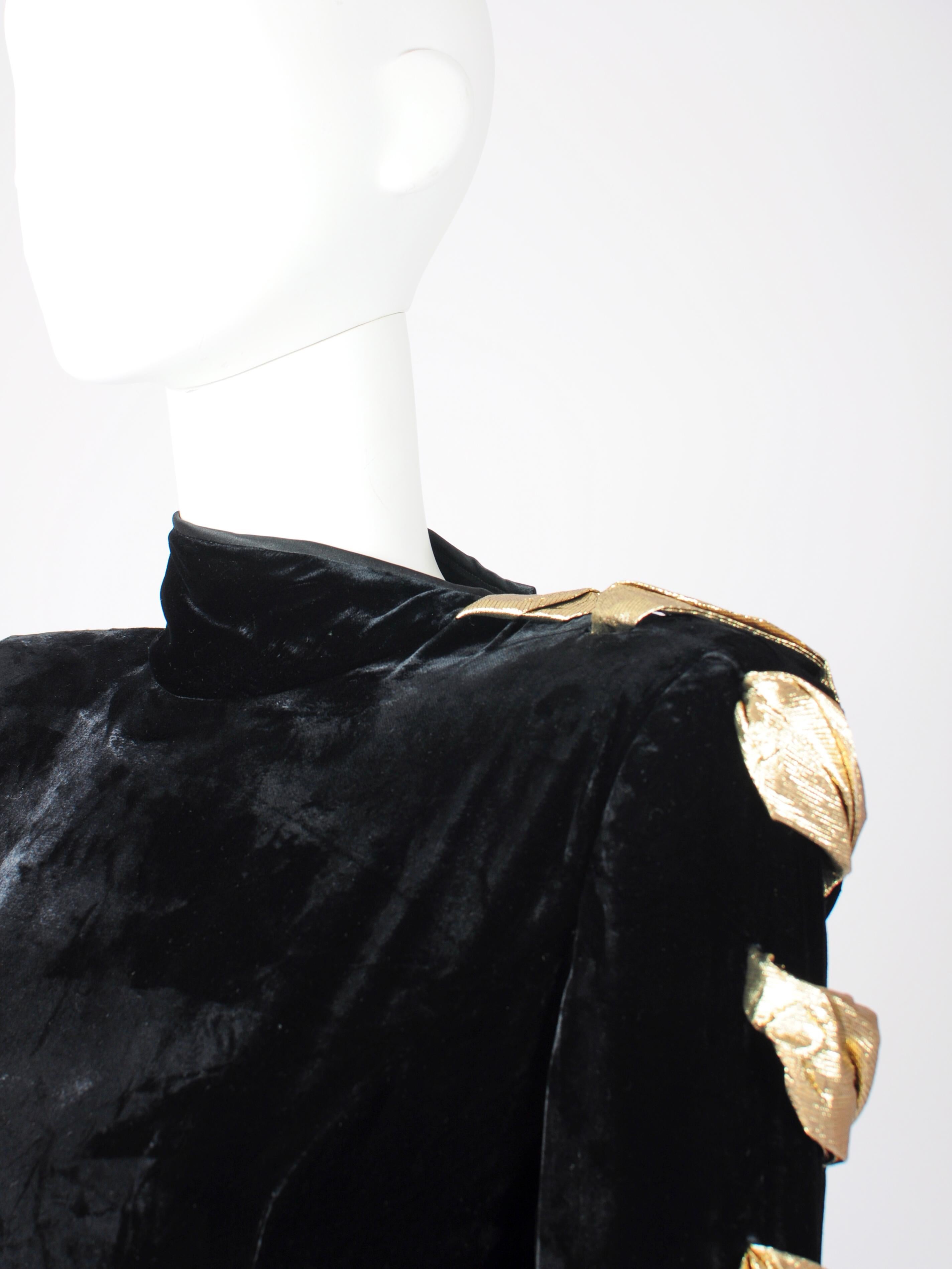 Valentino Boutique Black Velvet Long Sleeve Gown with Gold Lamé Bow Sleeve 1980s 5