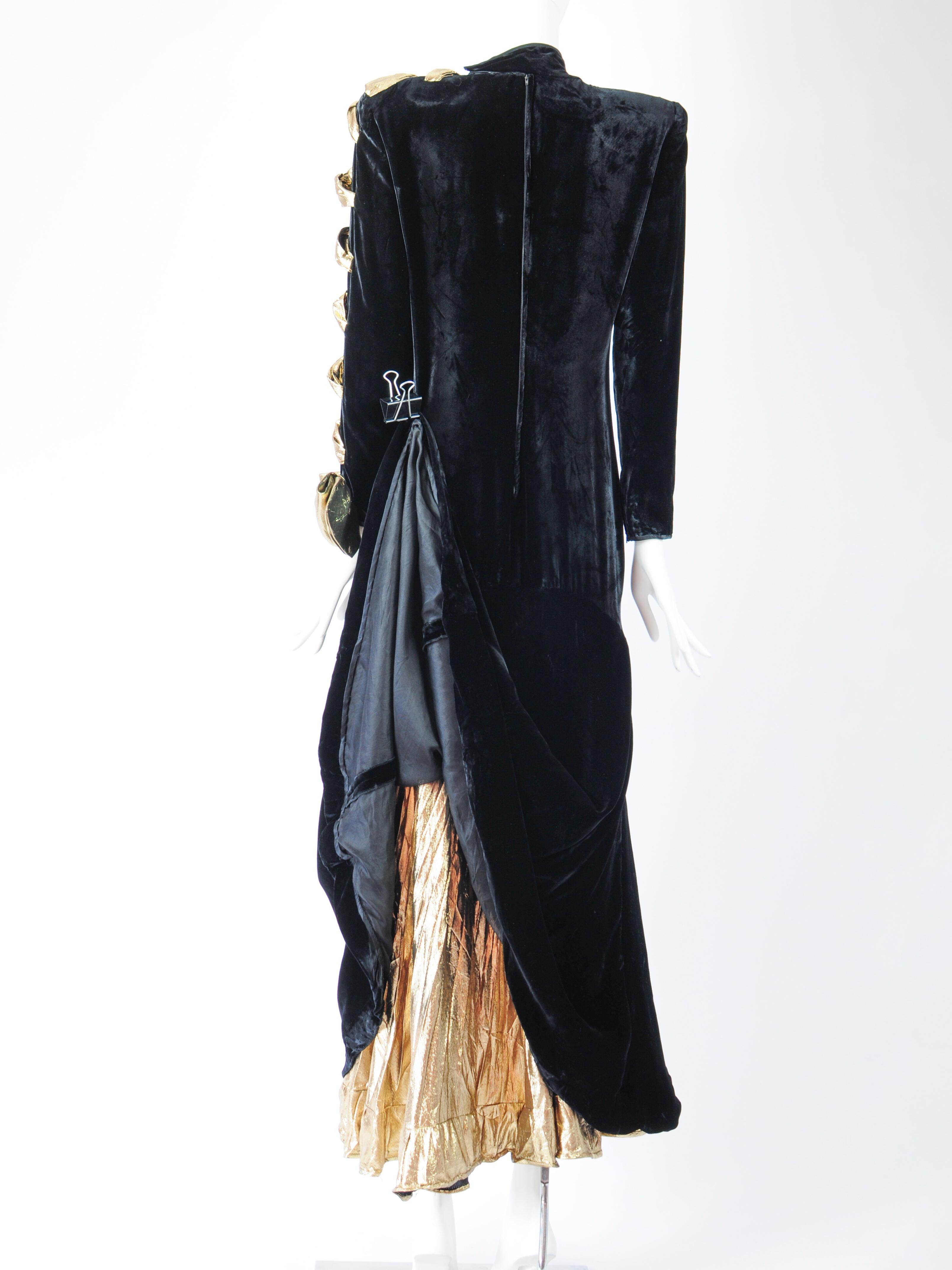 Women's Valentino Boutique Black Velvet Long Sleeve Gown with Gold Lamé Bow Sleeve 1980s
