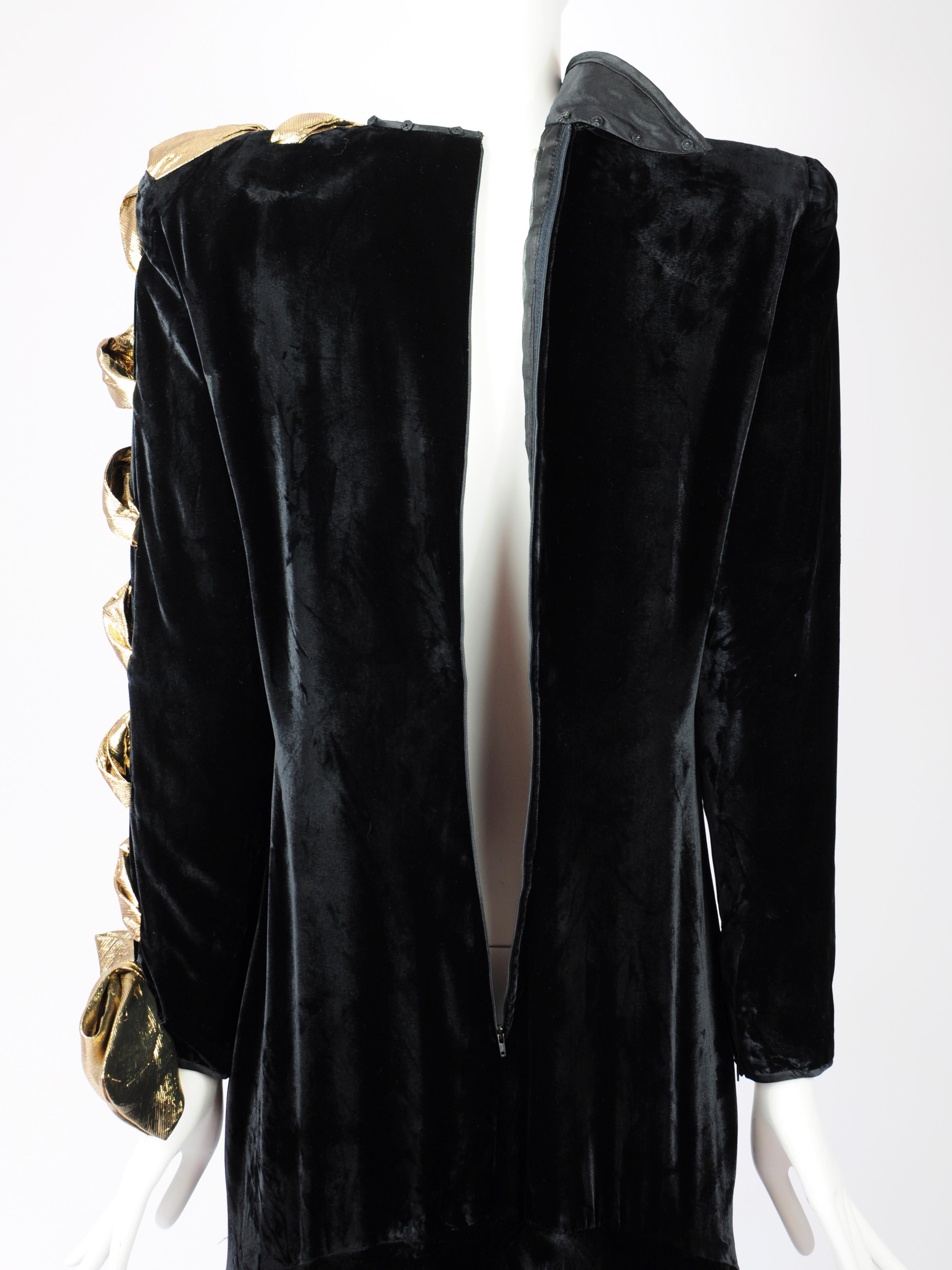 Valentino Boutique Black Velvet Long Sleeve Gown with Gold Lamé Bow Sleeve 1980s 1
