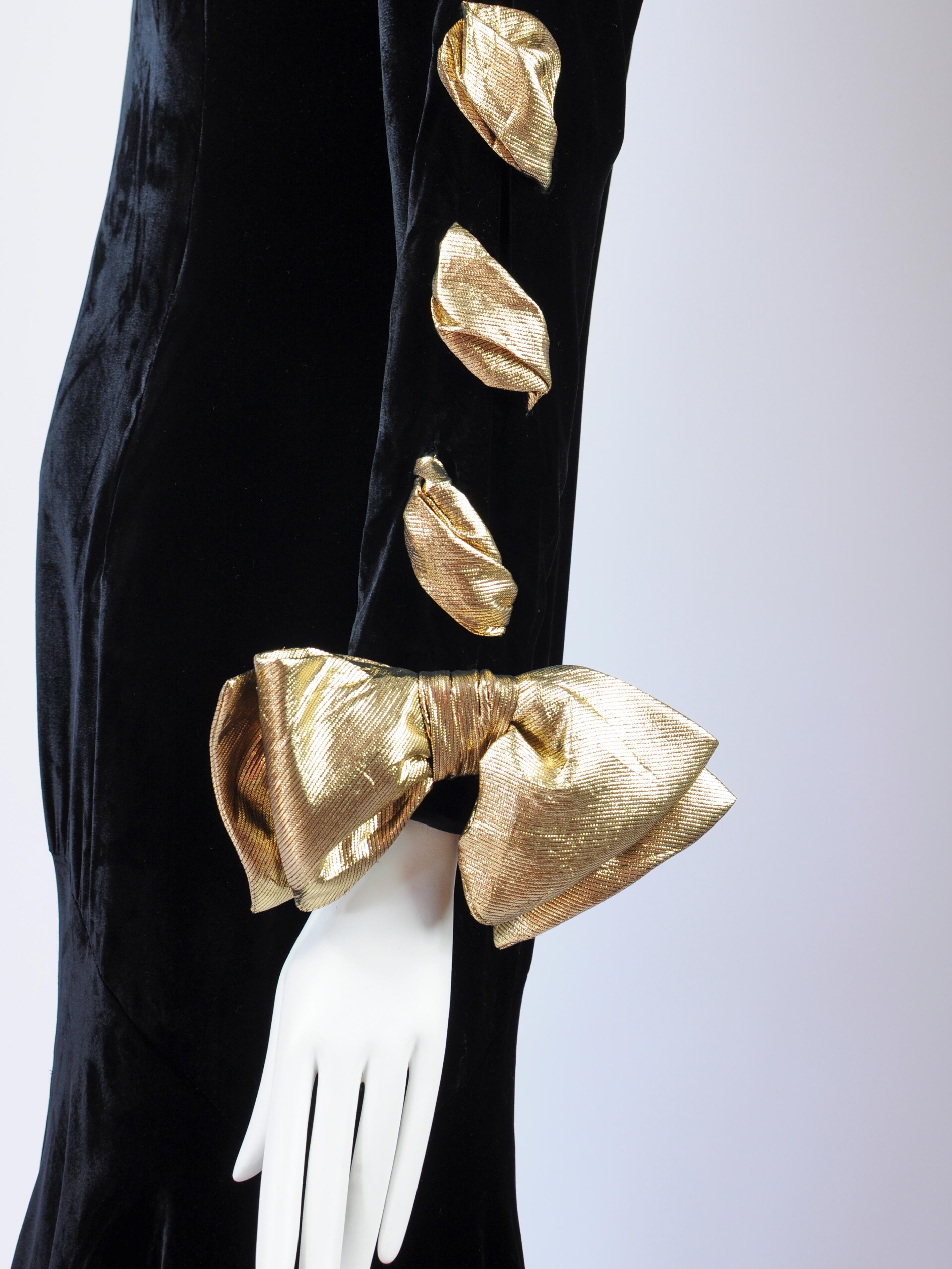 Valentino Boutique Black Velvet Long Sleeve Gown with Gold Lamé Bow Sleeve 1980s 3