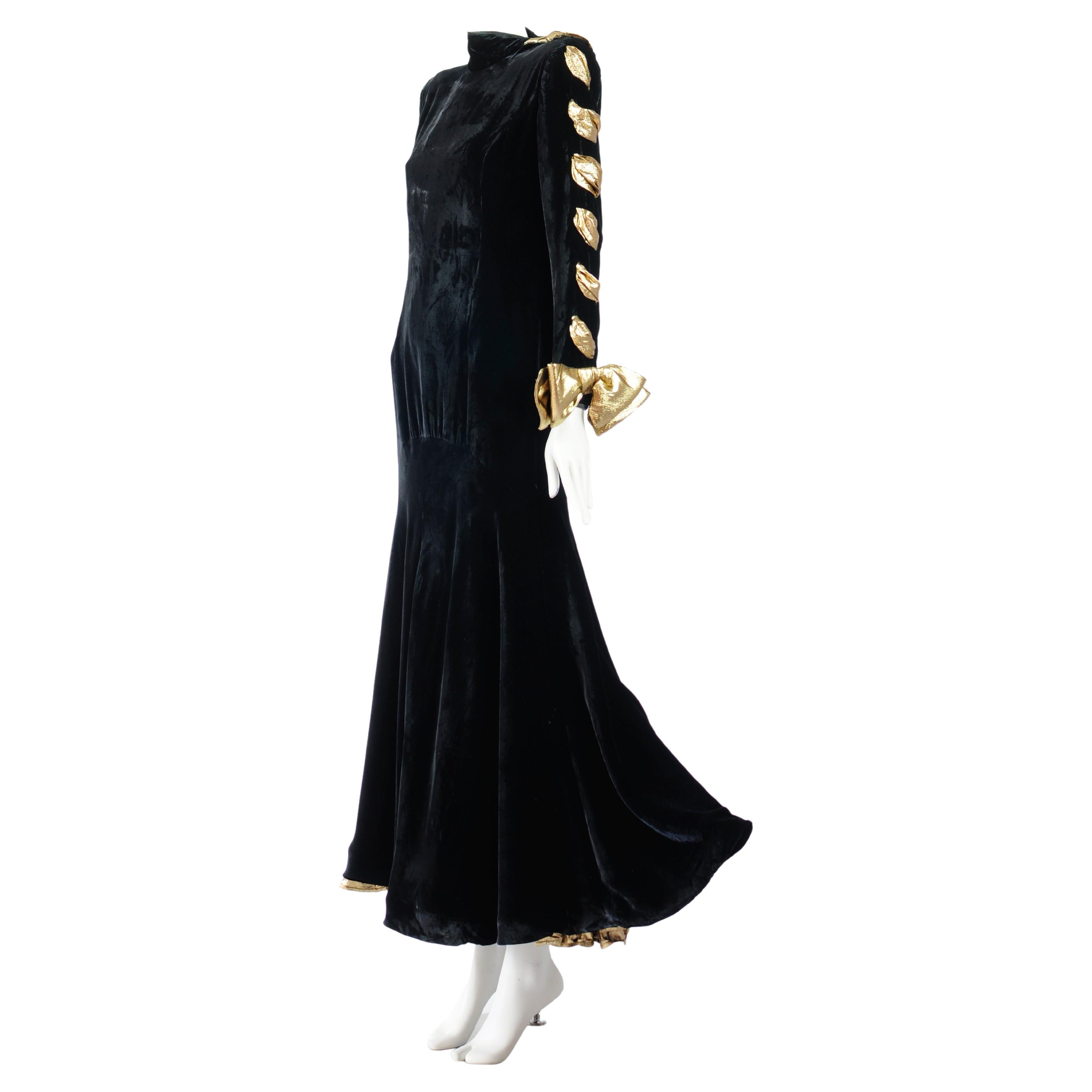Valentino Boutique Black Velvet Long Sleeve Gown with Gold Lamé Bow Sleeve 1980s