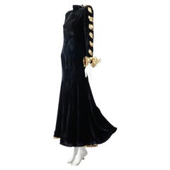 Valentino Boutique Black Velvet Long Sleeve Gown with Gold Lamé Bow Sleeve 1980s