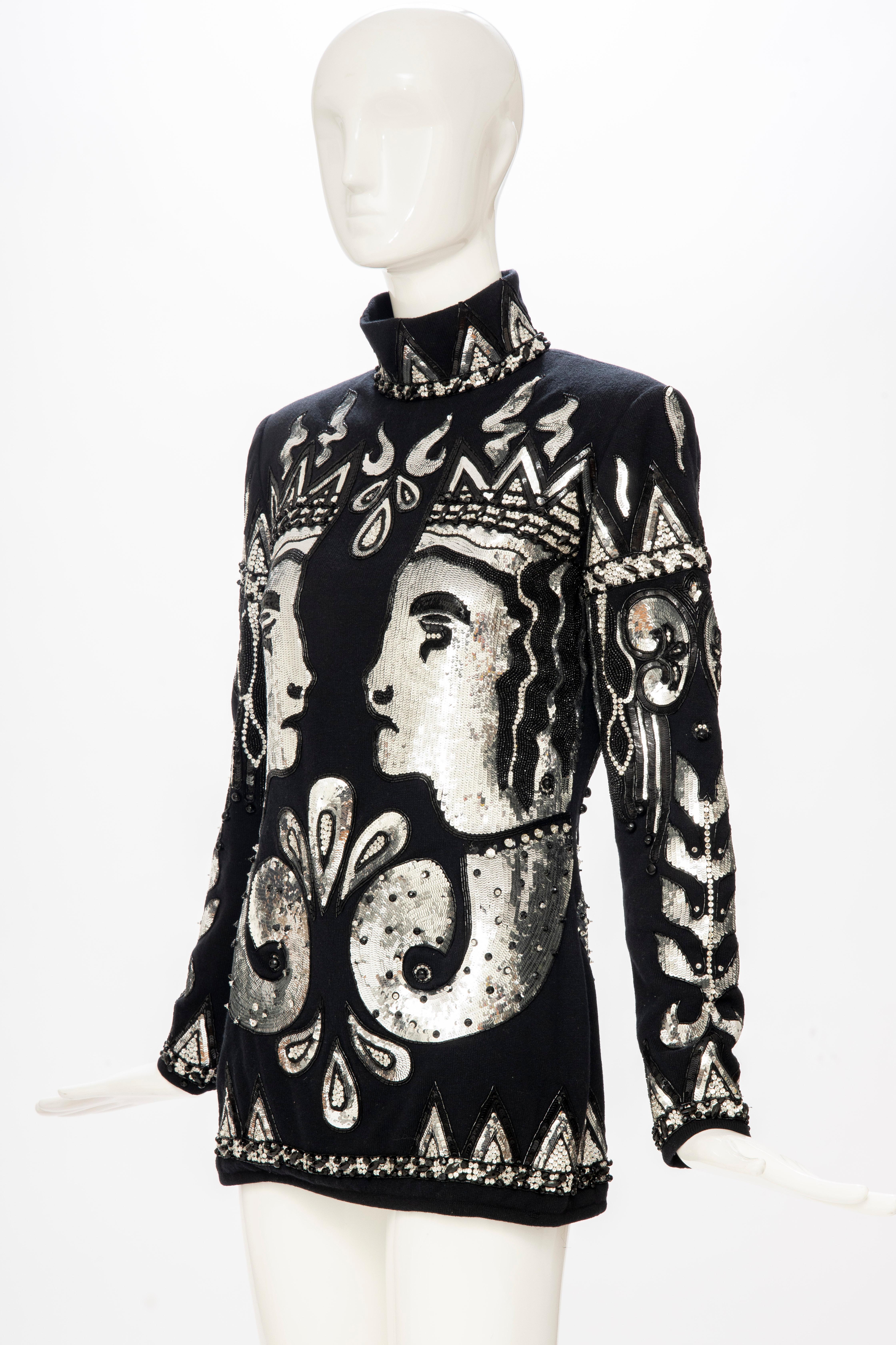 Valentino Boutique Black Wool Embroidered Silver Sequins Sweater, Fall 1989-90 7