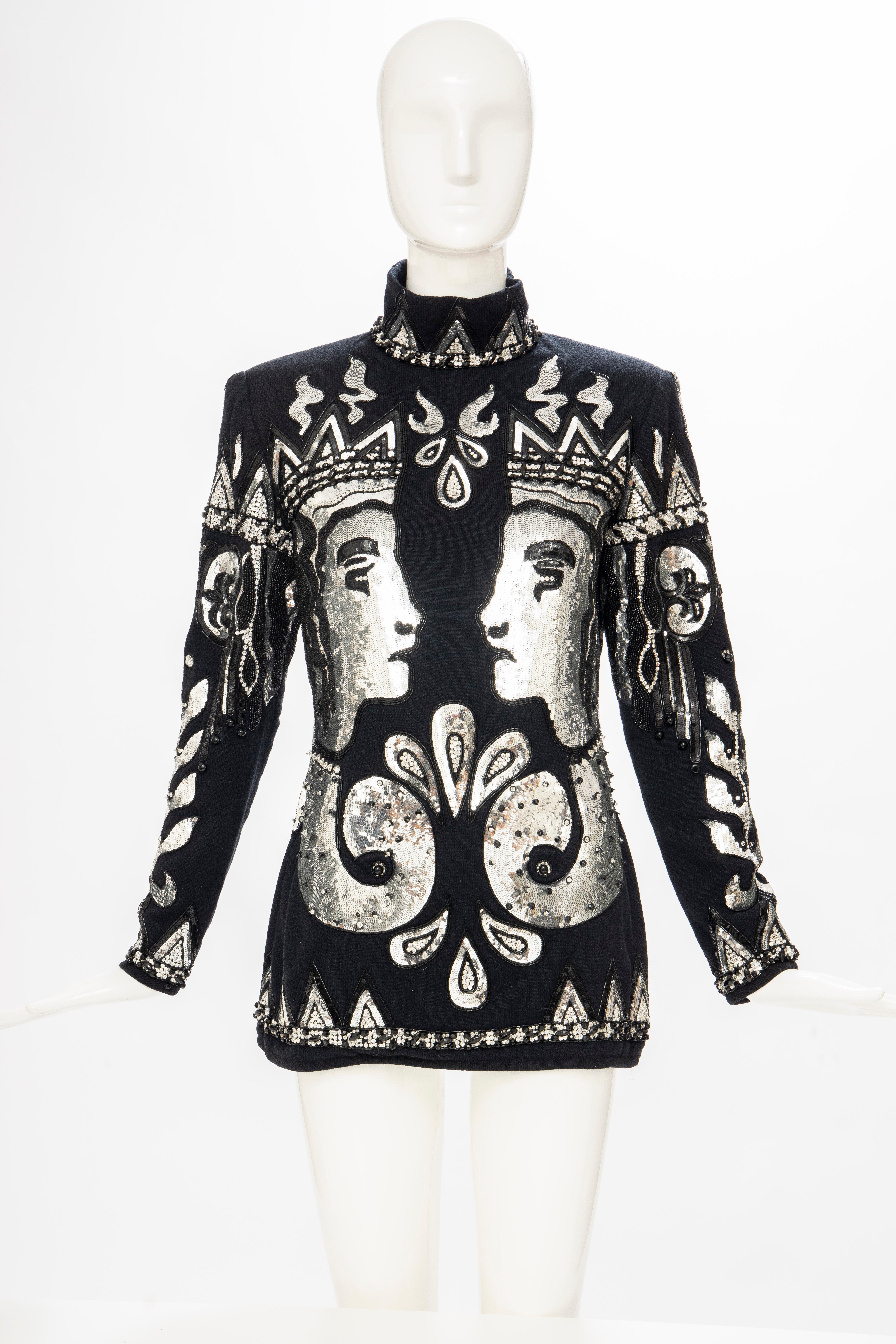 Valentino Boutique, Fall-Winter 1989-90, black wool trurtleneck sweater embroidered with silver & black sequins with black beadwork, back zip and fully lined in silk chiffon. 

The sweater was inspired by Etruscan Pottery and is part of the