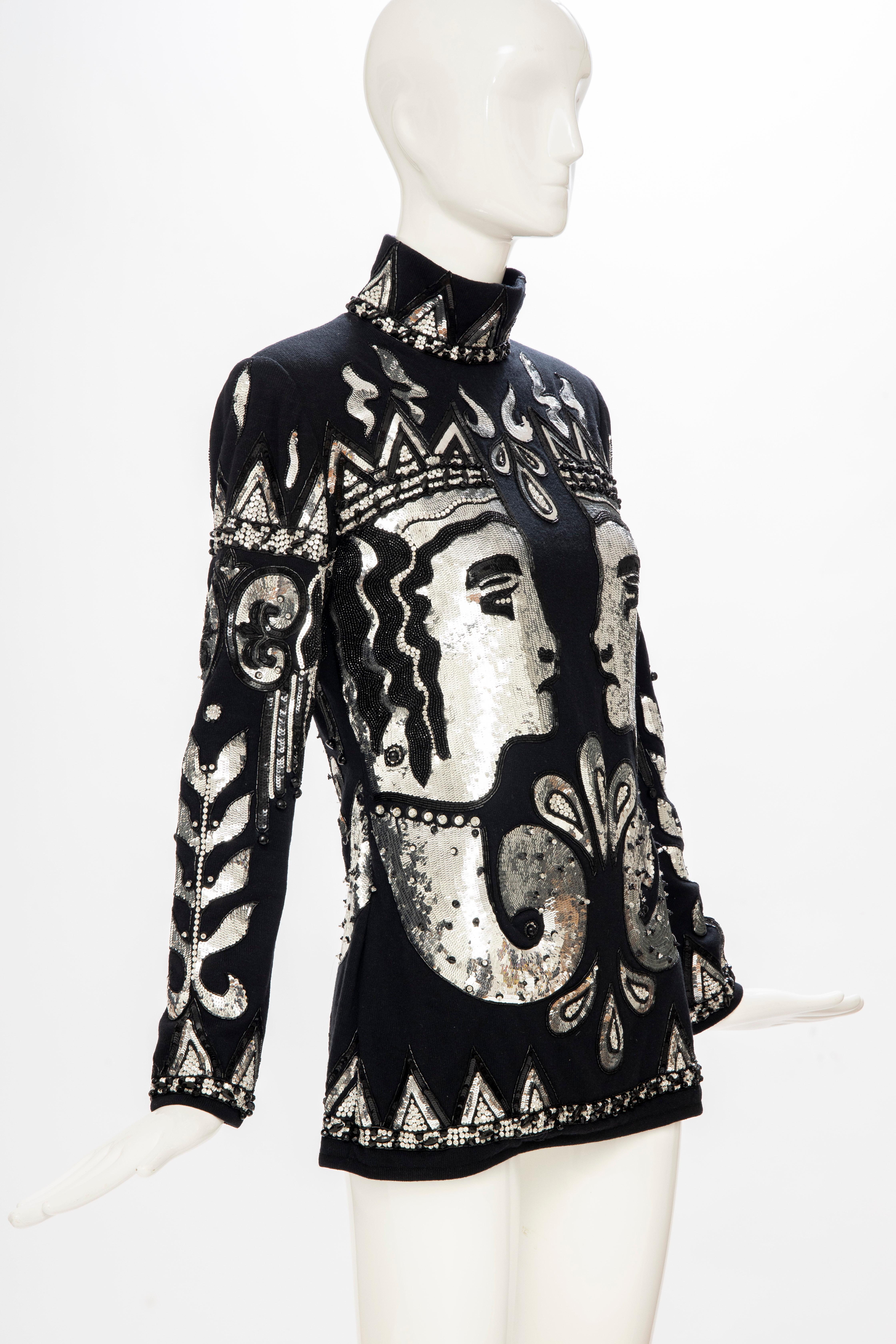 Women's Valentino Boutique Black Wool Embroidered Silver Sequins Sweater, Fall 1989-90