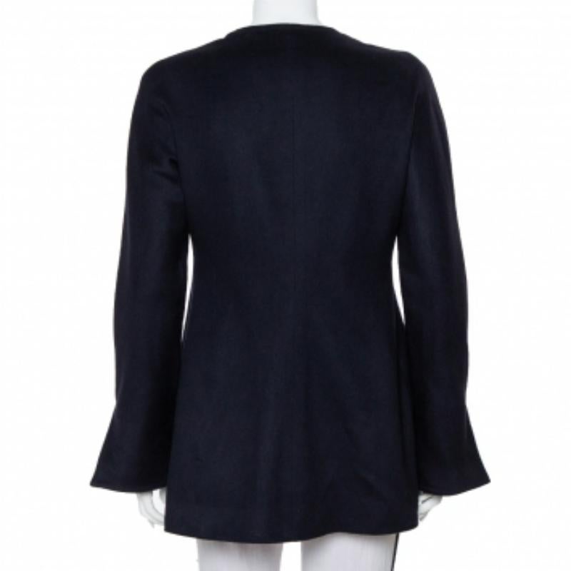 Black Valentino Boutique Blue Cashmere Button Front Collarless Vintage Jacket L For Sale
