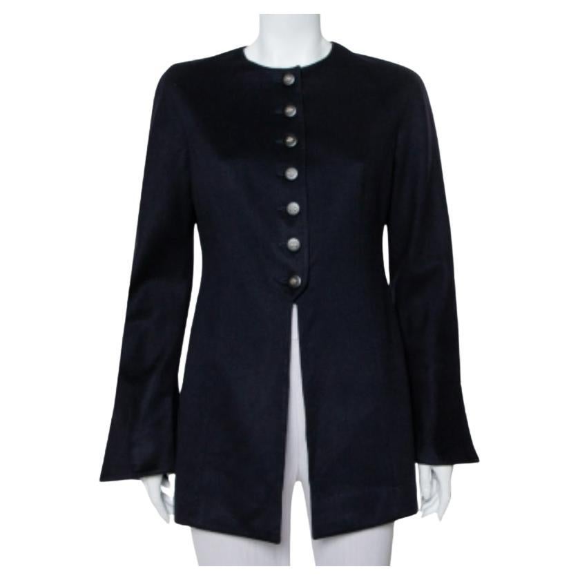 Valentino Boutique Blue Cashmere Button Front Collarless Vintage Jacket L For Sale