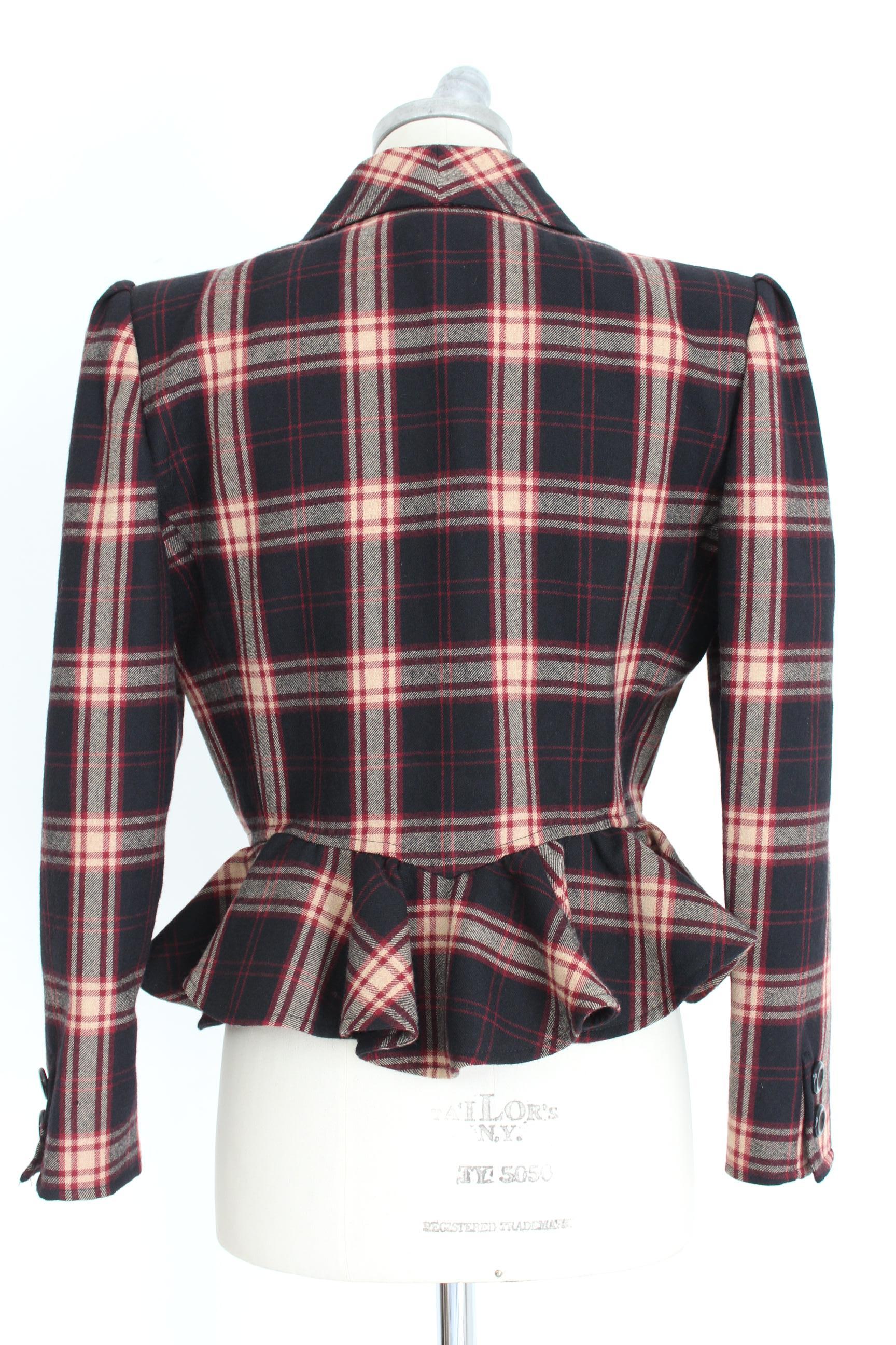 Valentino Boutique 80s vintage women's jacket. Short asymmetrical model, double-breasted. 100% wool. Burgundy and black checks color. Made in Italy. Excellent vintage conditions.

Size: 44 It 10 Us 12 Uk
Shoulder: 44 cm 
Bust / Chest: 50 cm 
Sleeve: