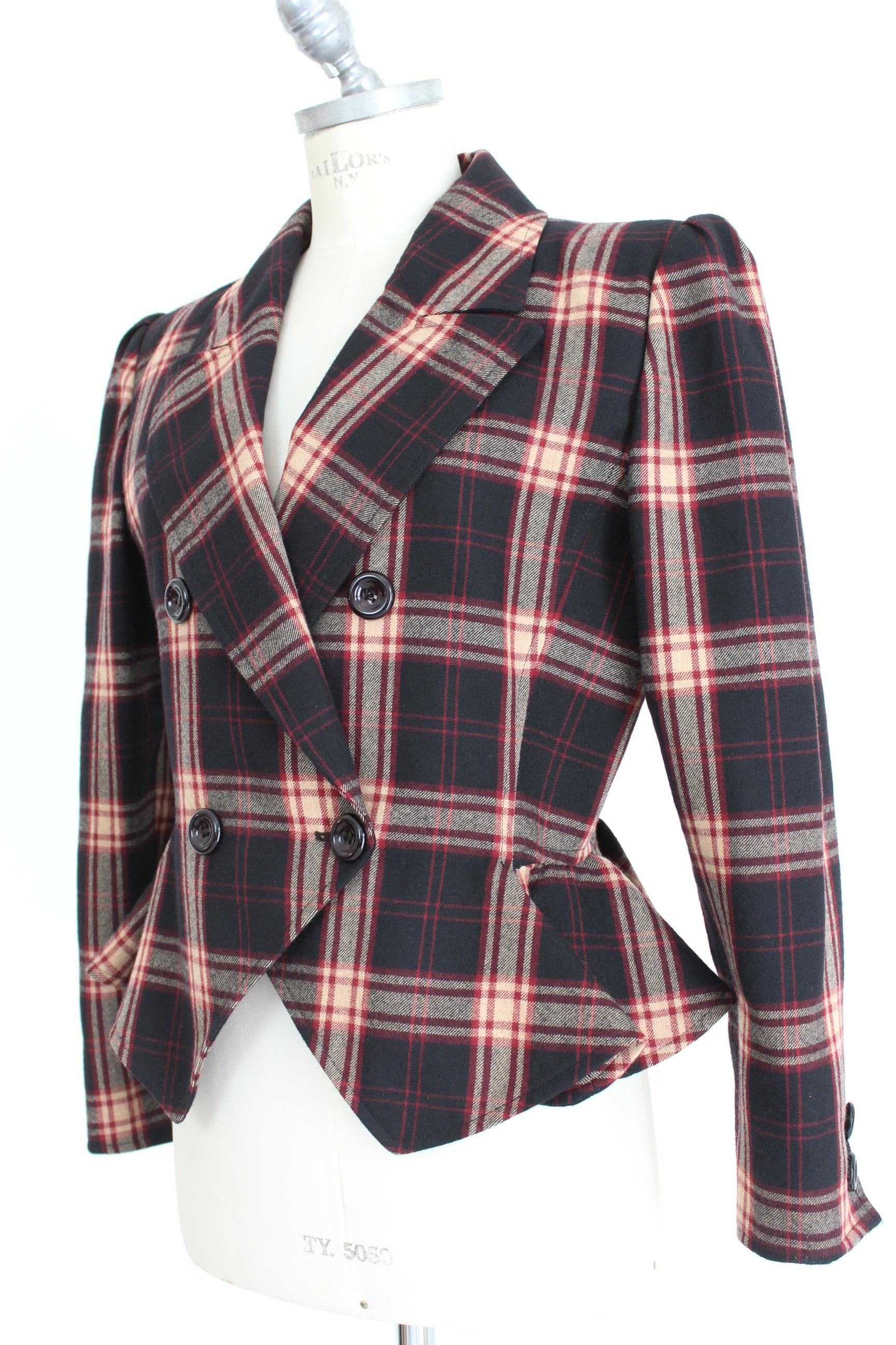 Women's Valentino Boutique Brown Tartan Wool Check Short Cropped Jacket 1980s