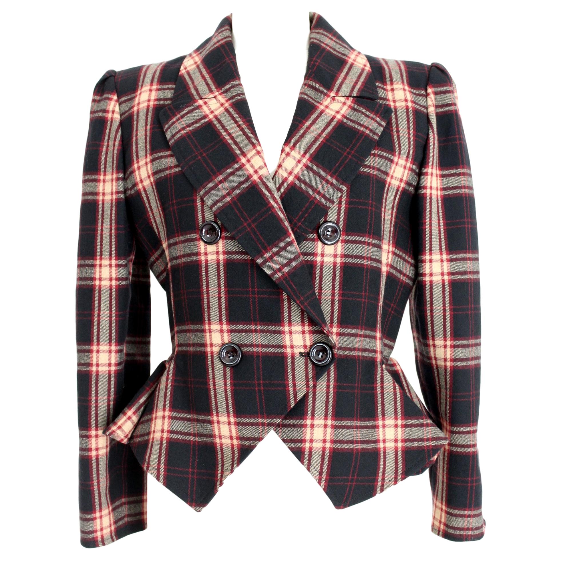 Valentino Boutique Brown Tartan Wool Check Short Cropped Jacket 1980s