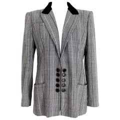Valentino Boutique Gray Prince of Wales Check Wool Velvet Neck Jacket 1980s