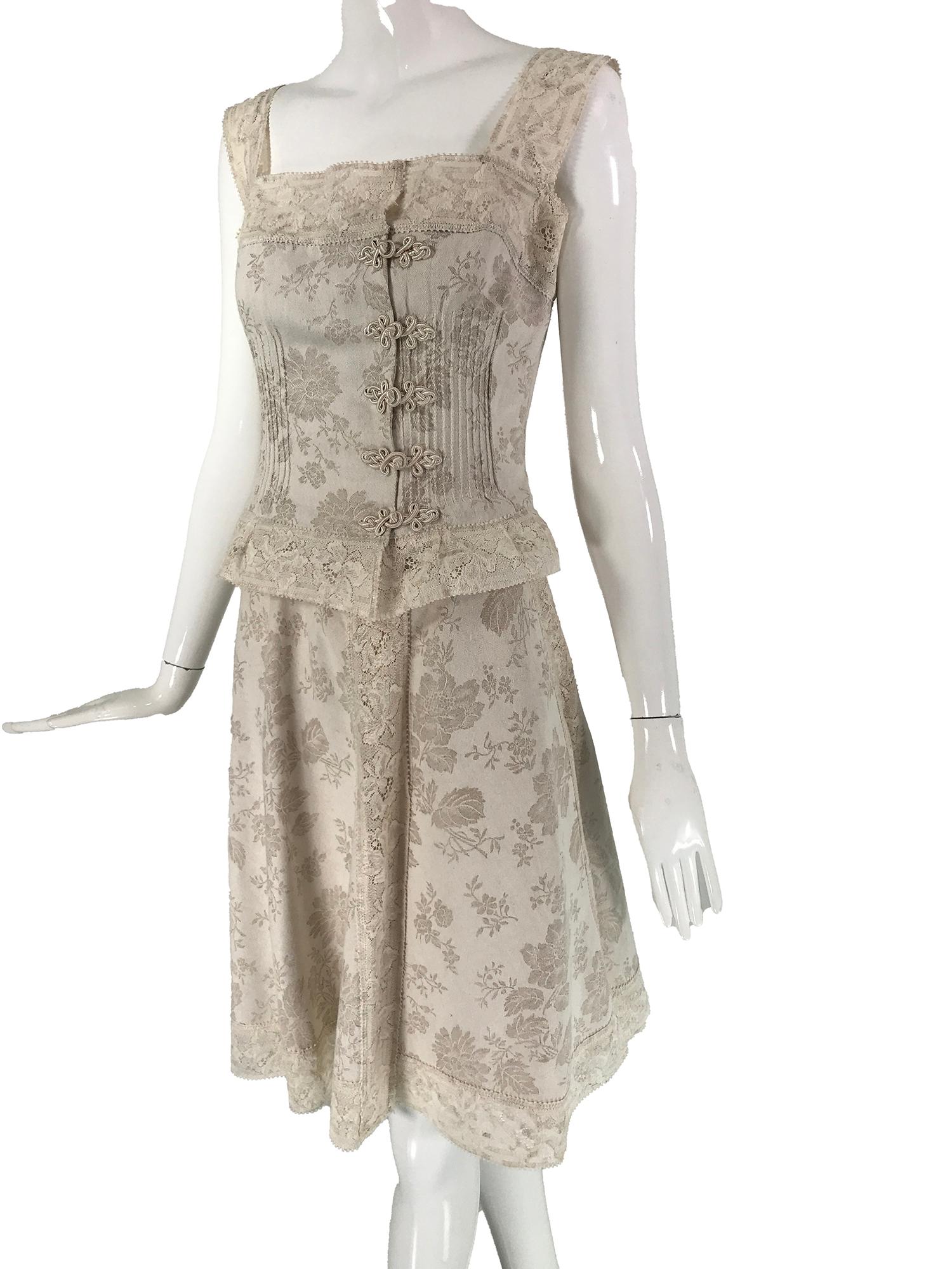 Valentino Boutique Ivory Floral Damask Linen & Lace Camisole Top & Skirt 1980s 5