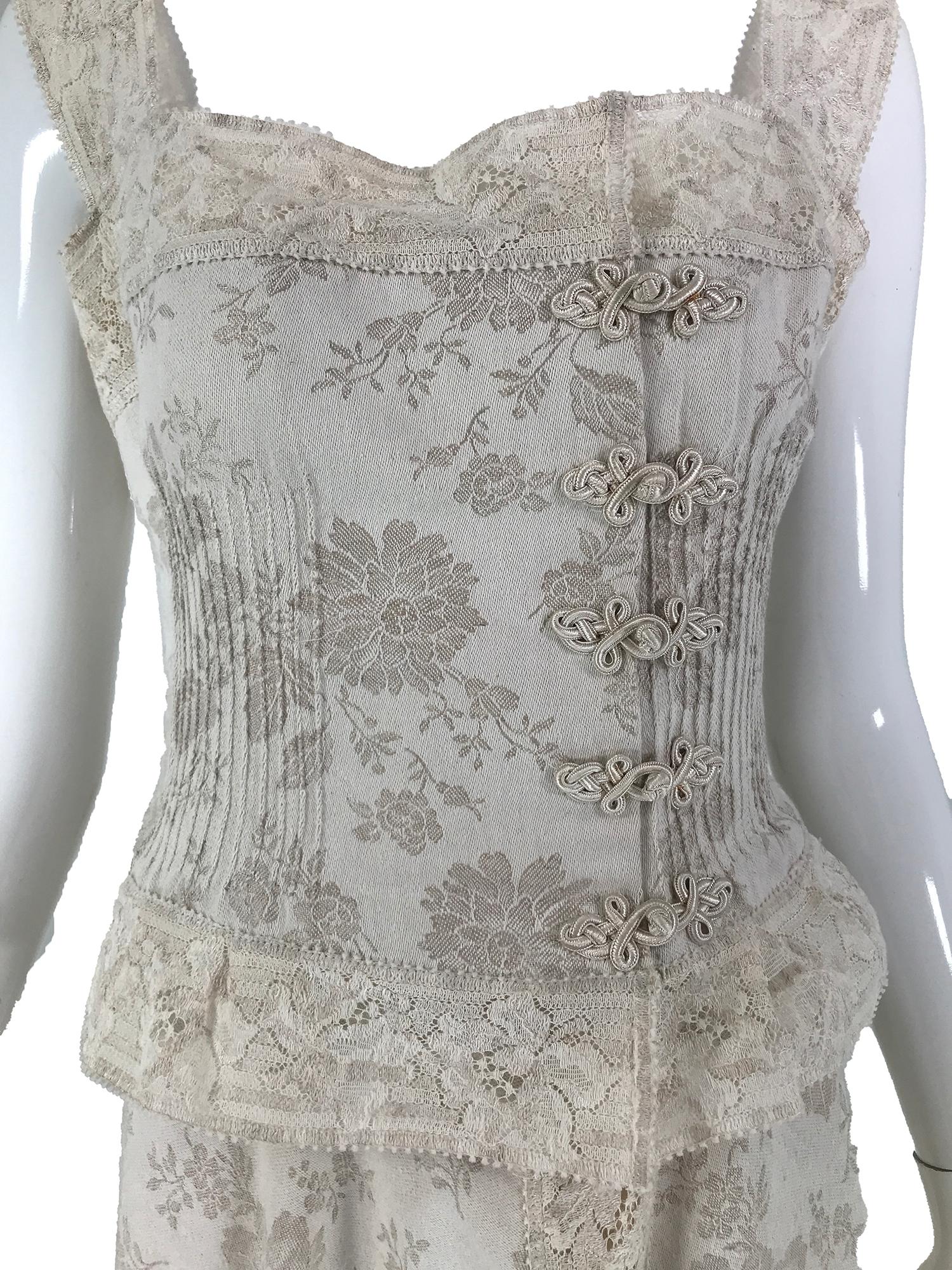 Valentino Boutique ivory floral damask linen and lace camisole top and skirt. Beautiful ivory lace yoke and straps, pinch pleated, fitted waist camisole top closes at the front side with hidden snaps and frogs at the front, the hem is edged in lace,