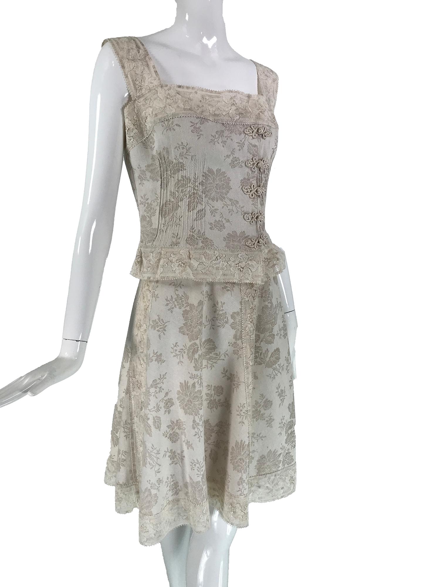 Gray Valentino Boutique Ivory Floral Damask Linen & Lace Camisole Top & Skirt 1980s