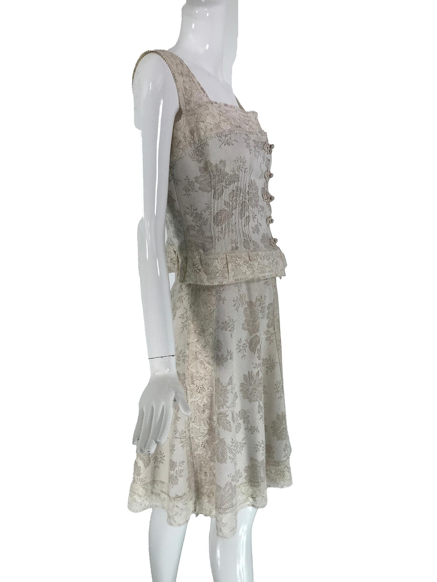 Valentino Boutique Ivory Floral Damask Linen & Lace Camisole Top & Skirt 1980s In Good Condition In West Palm Beach, FL
