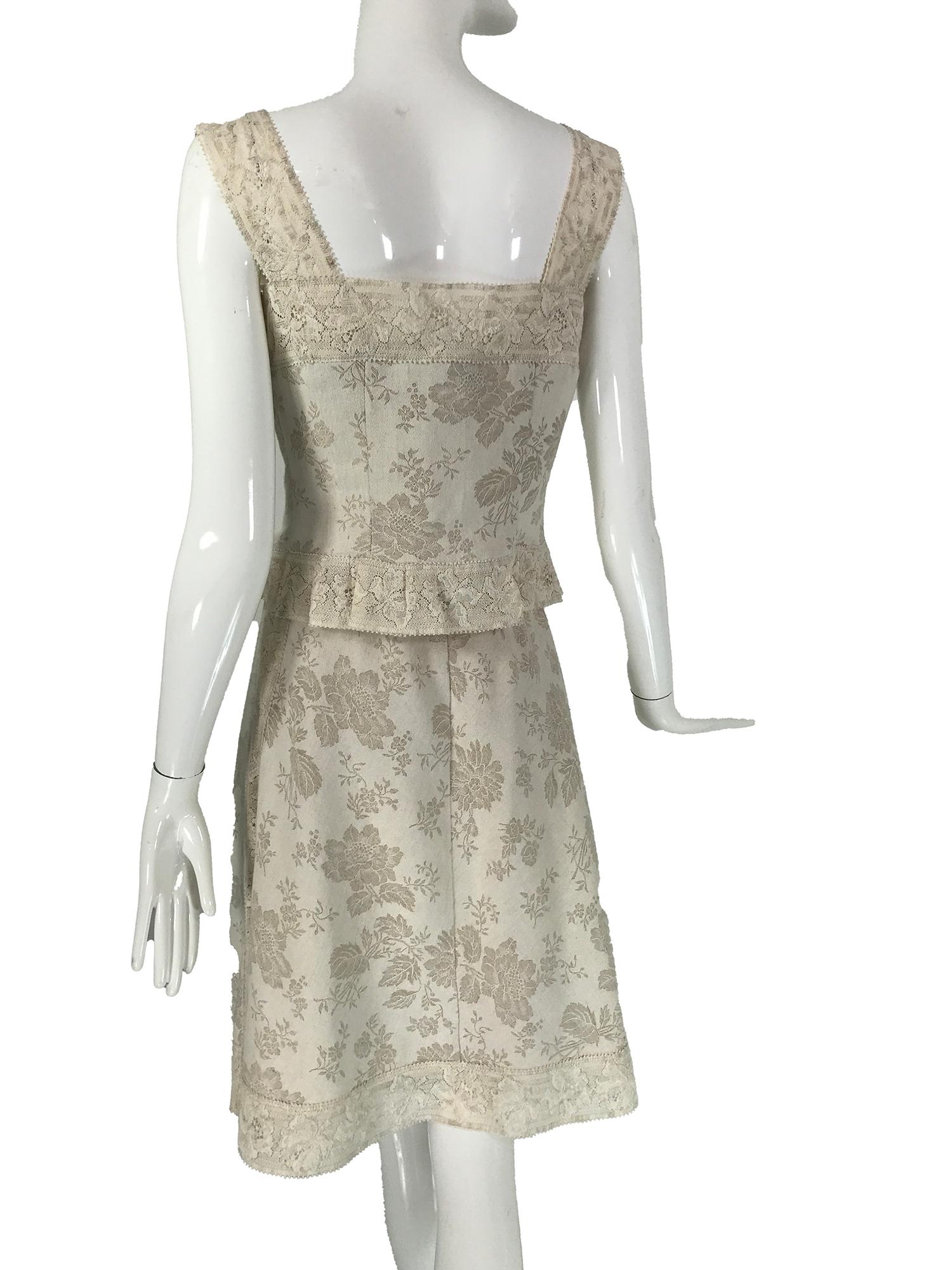 Women's Valentino Boutique Ivory Floral Damask Linen & Lace Camisole Top & Skirt 1980s