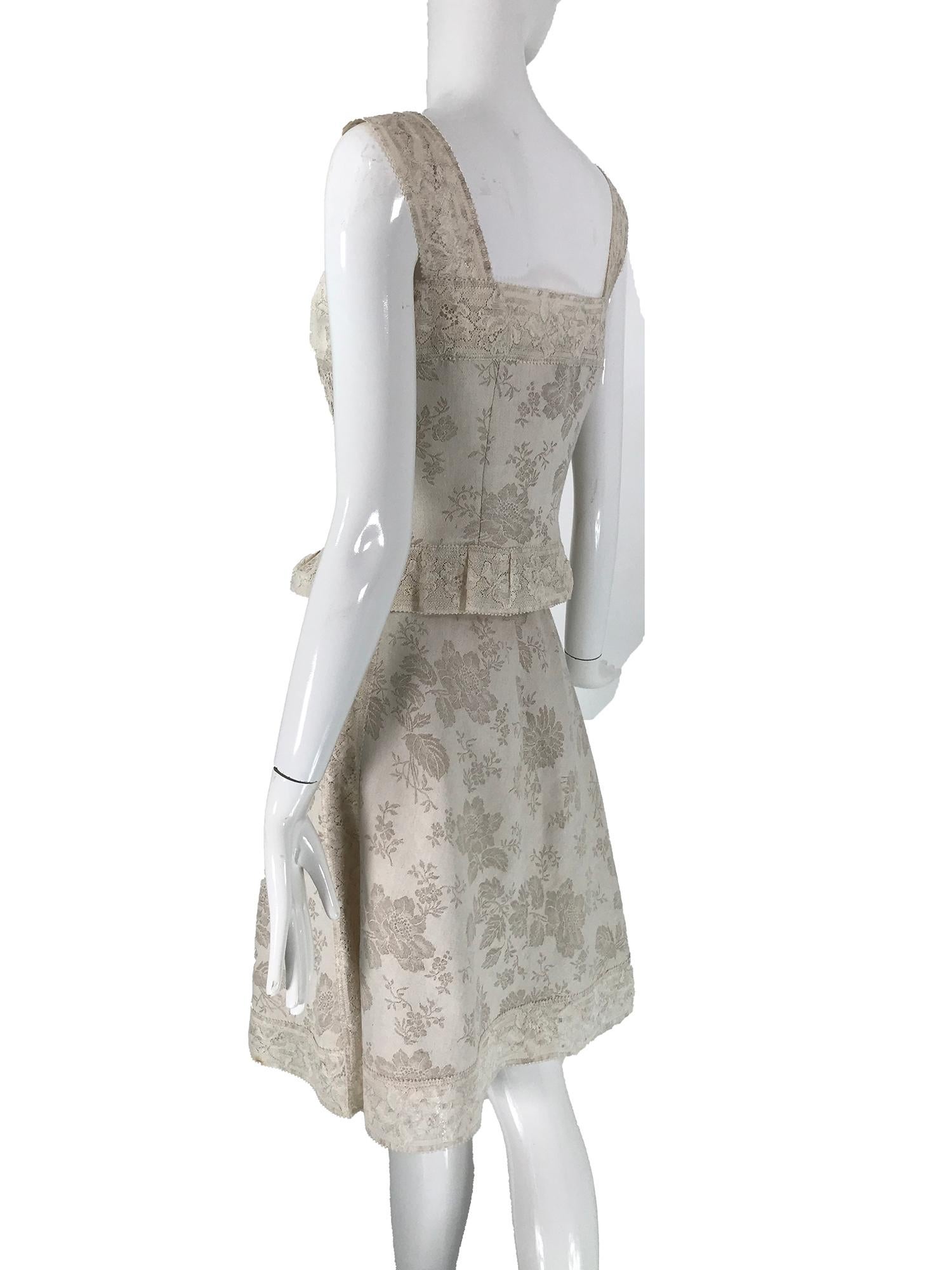 Valentino Boutique Ivory Floral Damask Linen & Lace Camisole Top & Skirt 1980s 1