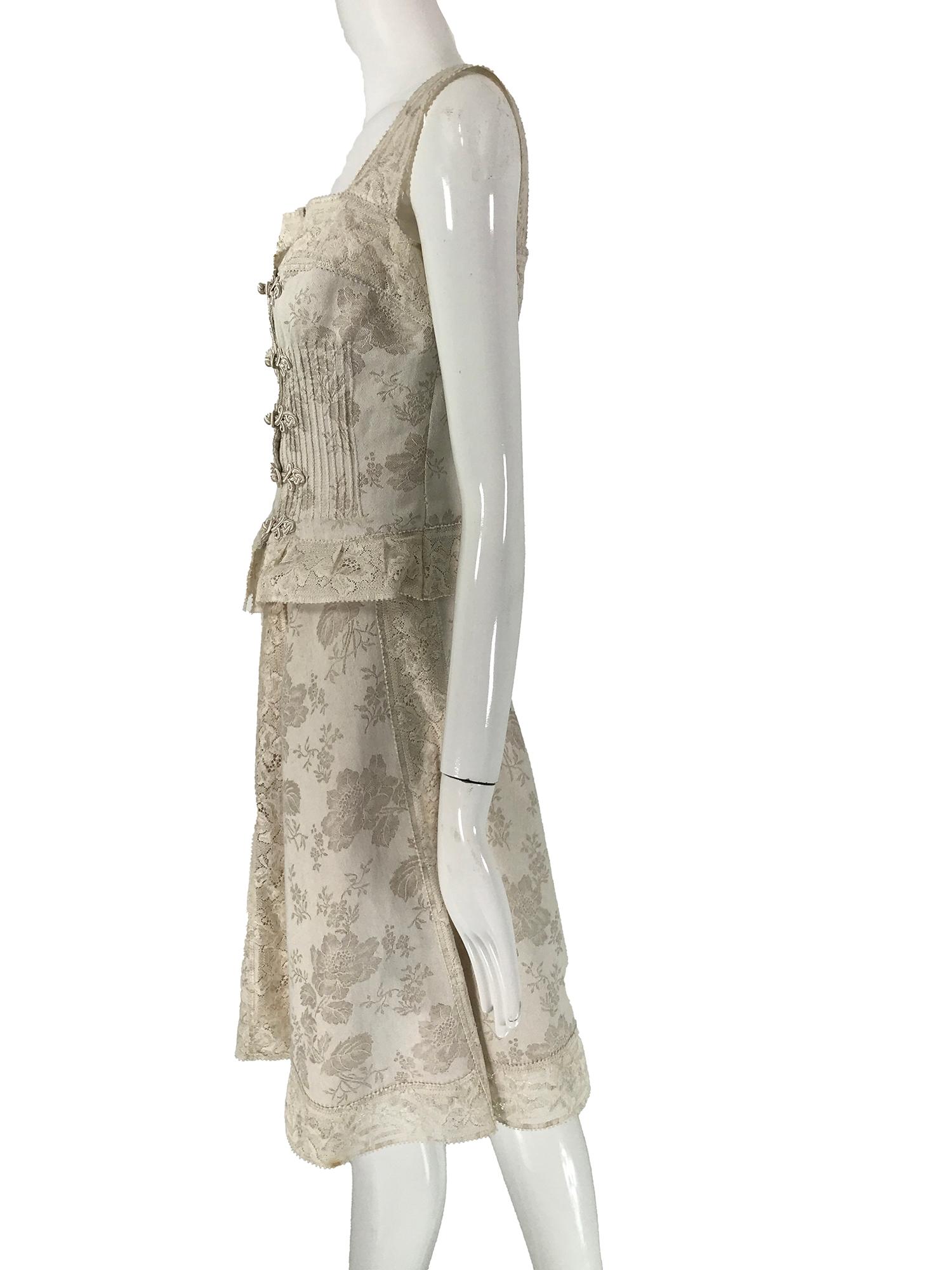 Valentino Boutique Ivory Floral Damask Linen & Lace Camisole Top & Skirt 1980s 2