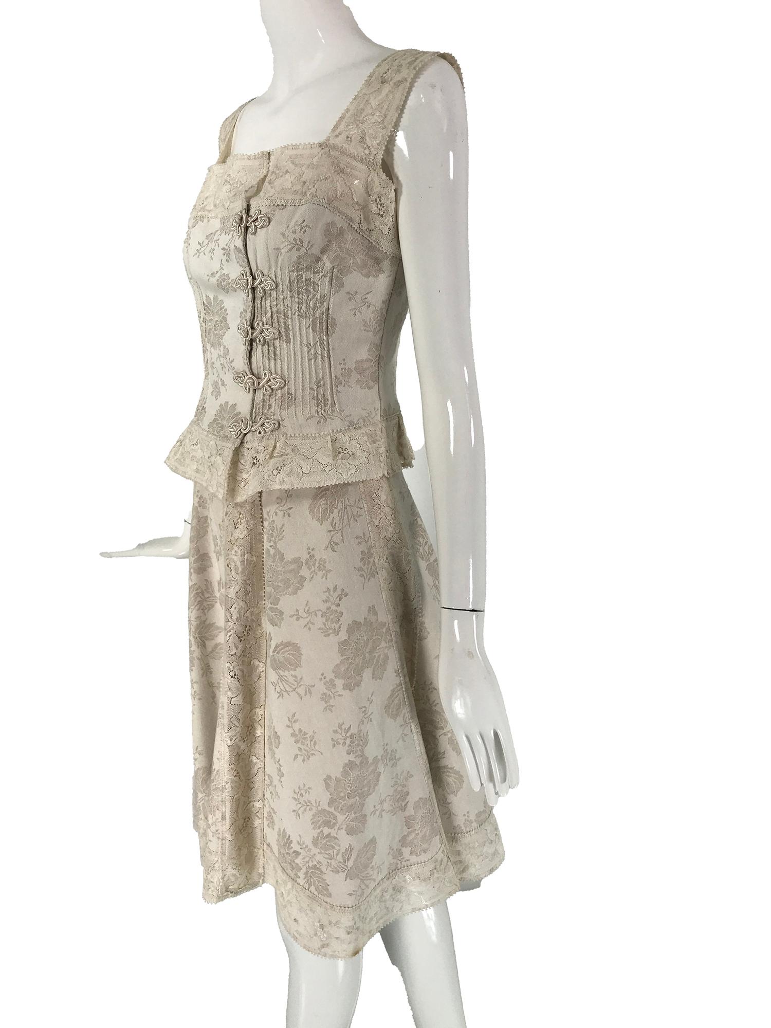 Valentino Boutique Ivory Floral Damask Linen & Lace Camisole Top & Skirt 1980s 3