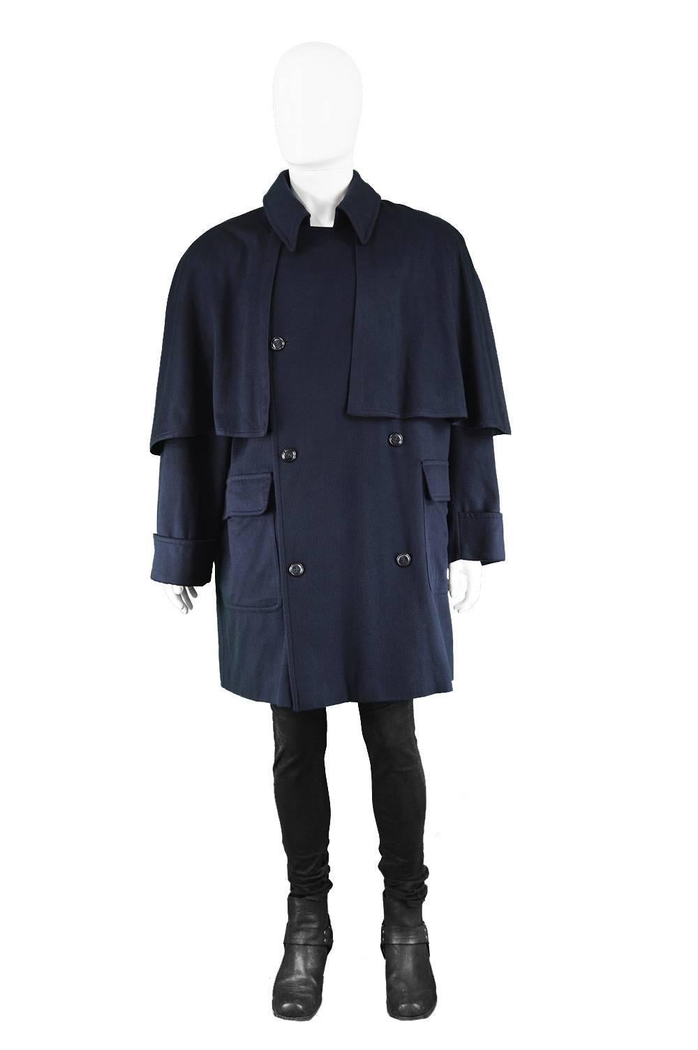 Valentino Boutique Men's Cashmere & Wool Vintage Cape Overcoat, 1980s

Size: Marked 50 which is roughly a modern men's Medium to Large but it has an intentionally loose, cape like fit so would also suit an XL. Would suit a taller man due to longer