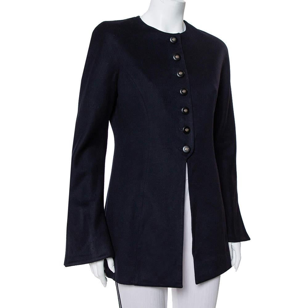 Valentino Boutique Midnight Blue Cashmere Button Front Collarless Vintage Jacket In Good Condition For Sale In Dubai, Al Qouz 2