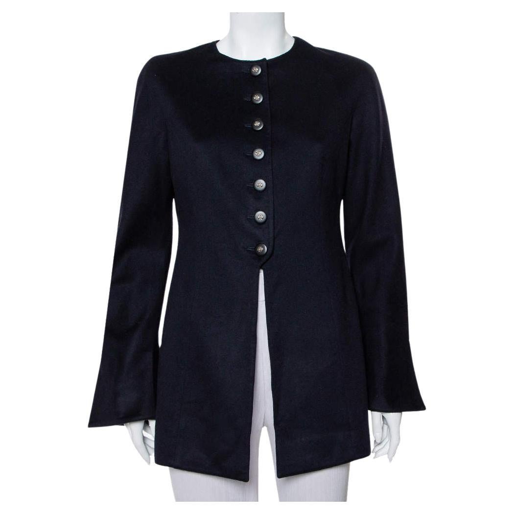 Valentino Boutique Midnight Blue Cashmere Button Front Collarless Vintage Jacket For Sale