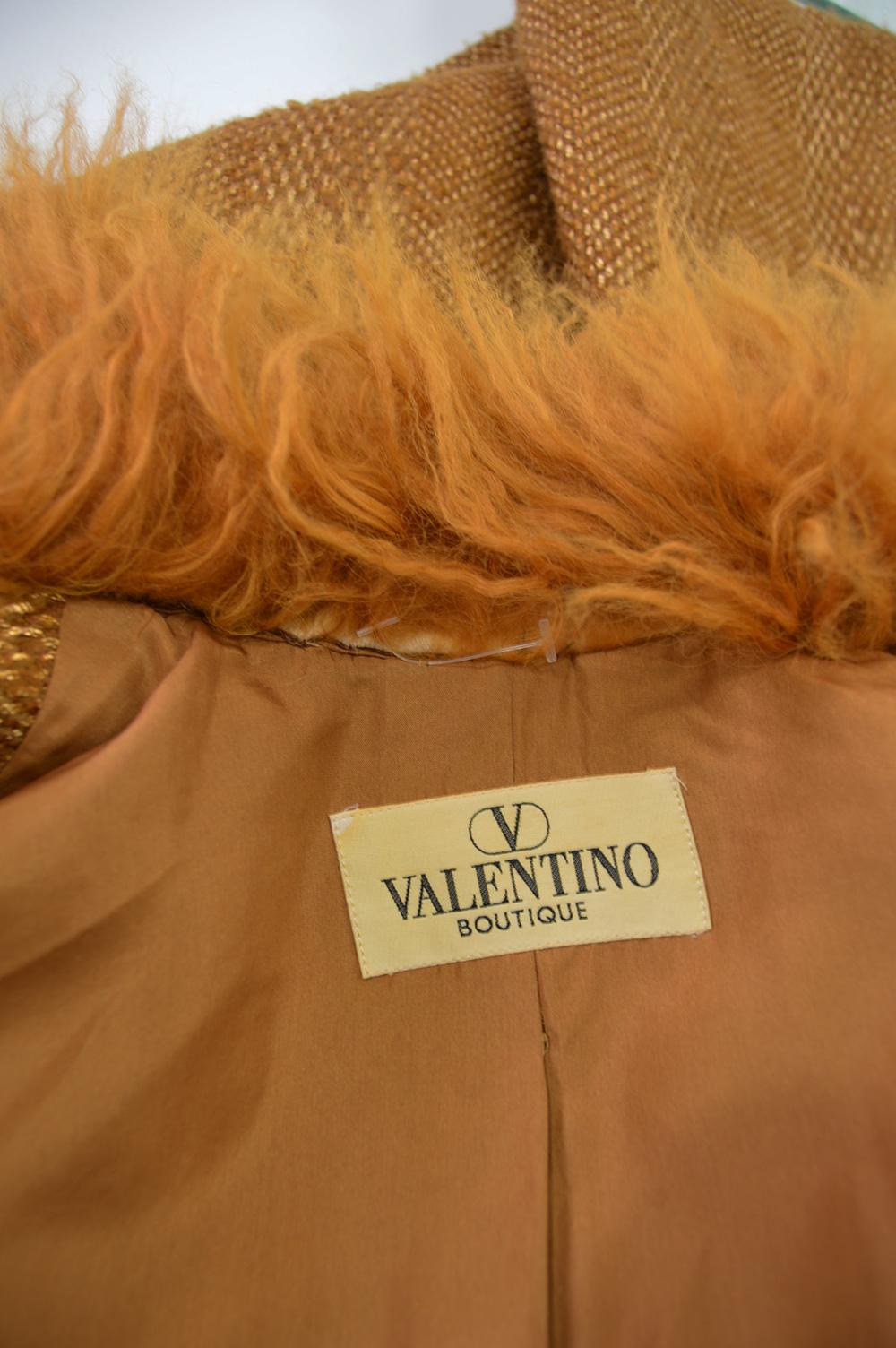 Valentino Boutique Mongolian Shearling Collar Vintage Gold Tweed Coat, 1980s 5