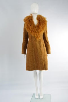 Valentino Boutique Mongolian Shearling Collar Vintage Gold Tweed Coat, 1980s