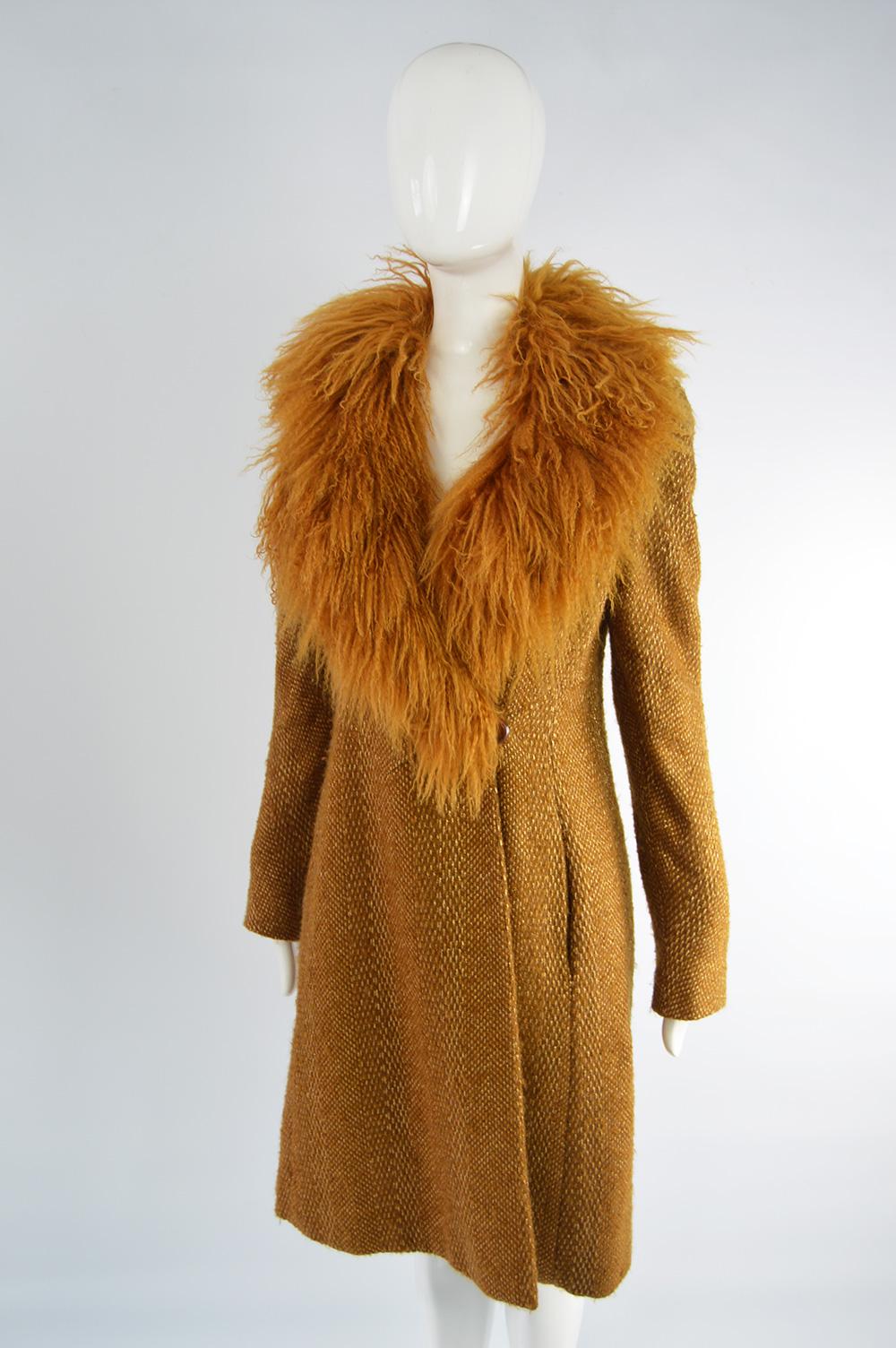 Brown Valentino Boutique Mongolian Shearling Collar Vintage Gold Tweed Coat, 1980s