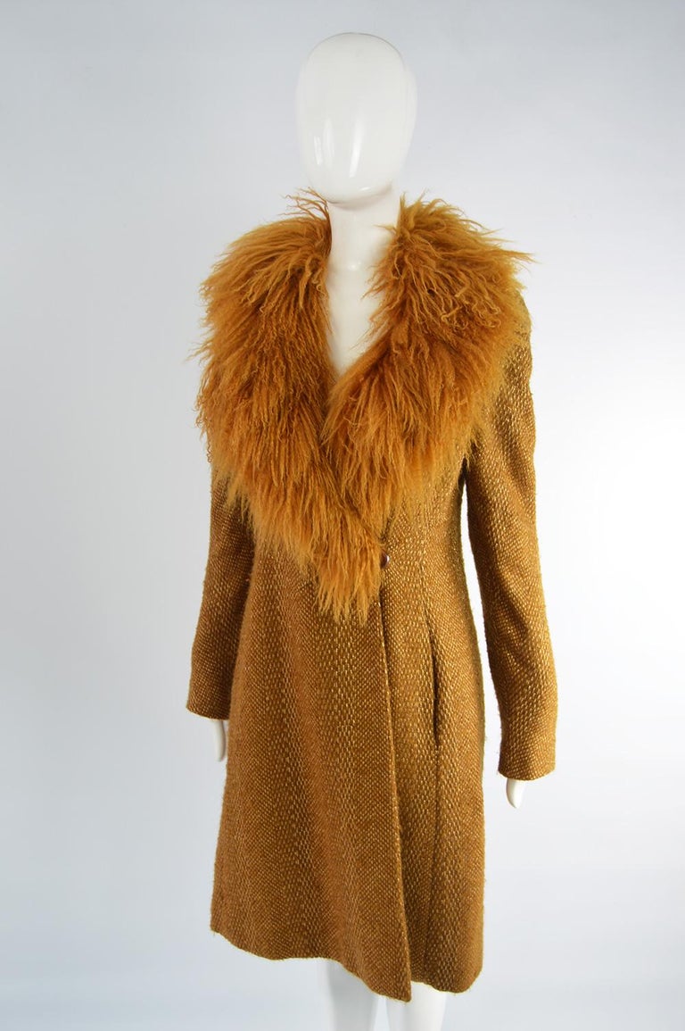 Valentino Boutique Mongolian Shearling Collar Vintage Gold Tweed Coat ...