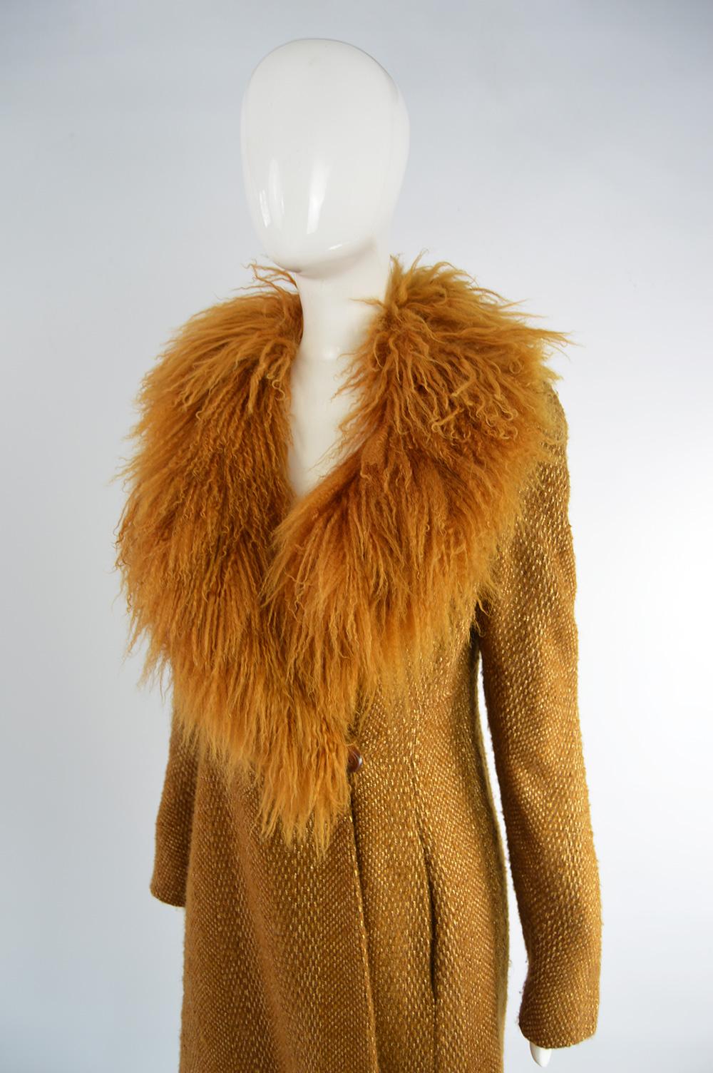 Valentino Boutique Mongolian Shearling Collar Vintage Gold Tweed Coat, 1980s In Good Condition In Doncaster, South Yorkshire