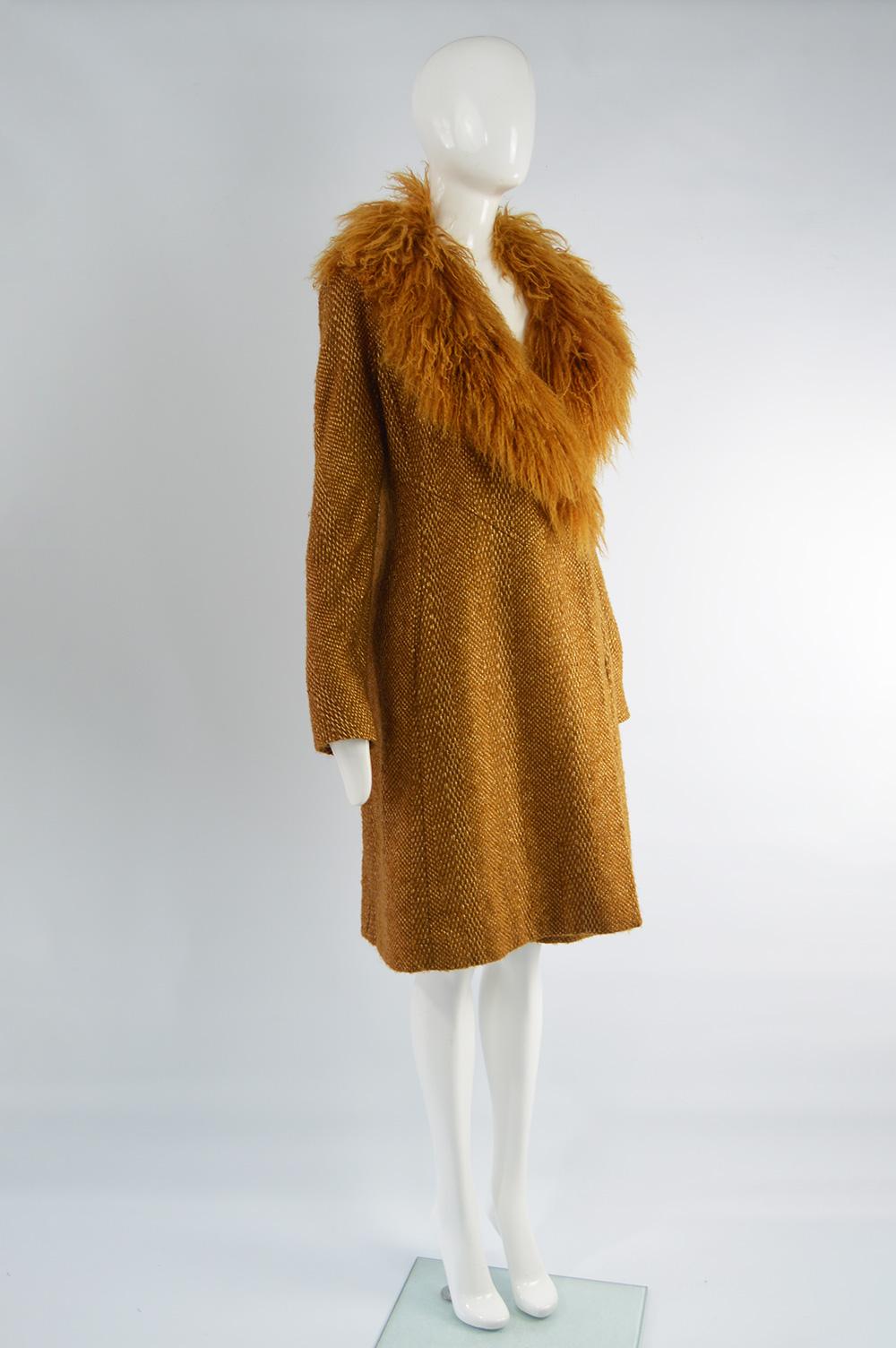 Valentino Boutique Mongolian Shearling Collar Vintage Gold Tweed Coat, 1980s 1