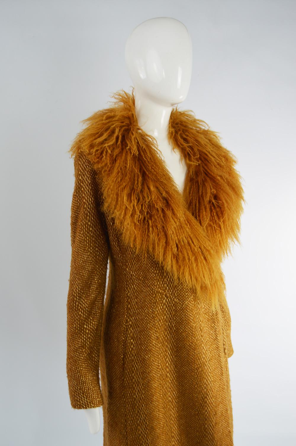 Valentino Boutique Mongolian Shearling Collar Vintage Gold Tweed Coat, 1980s 2