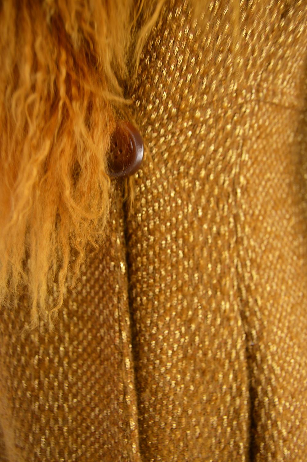 Valentino Boutique Mongolian Shearling Collar Vintage Gold Tweed Coat, 1980s 3