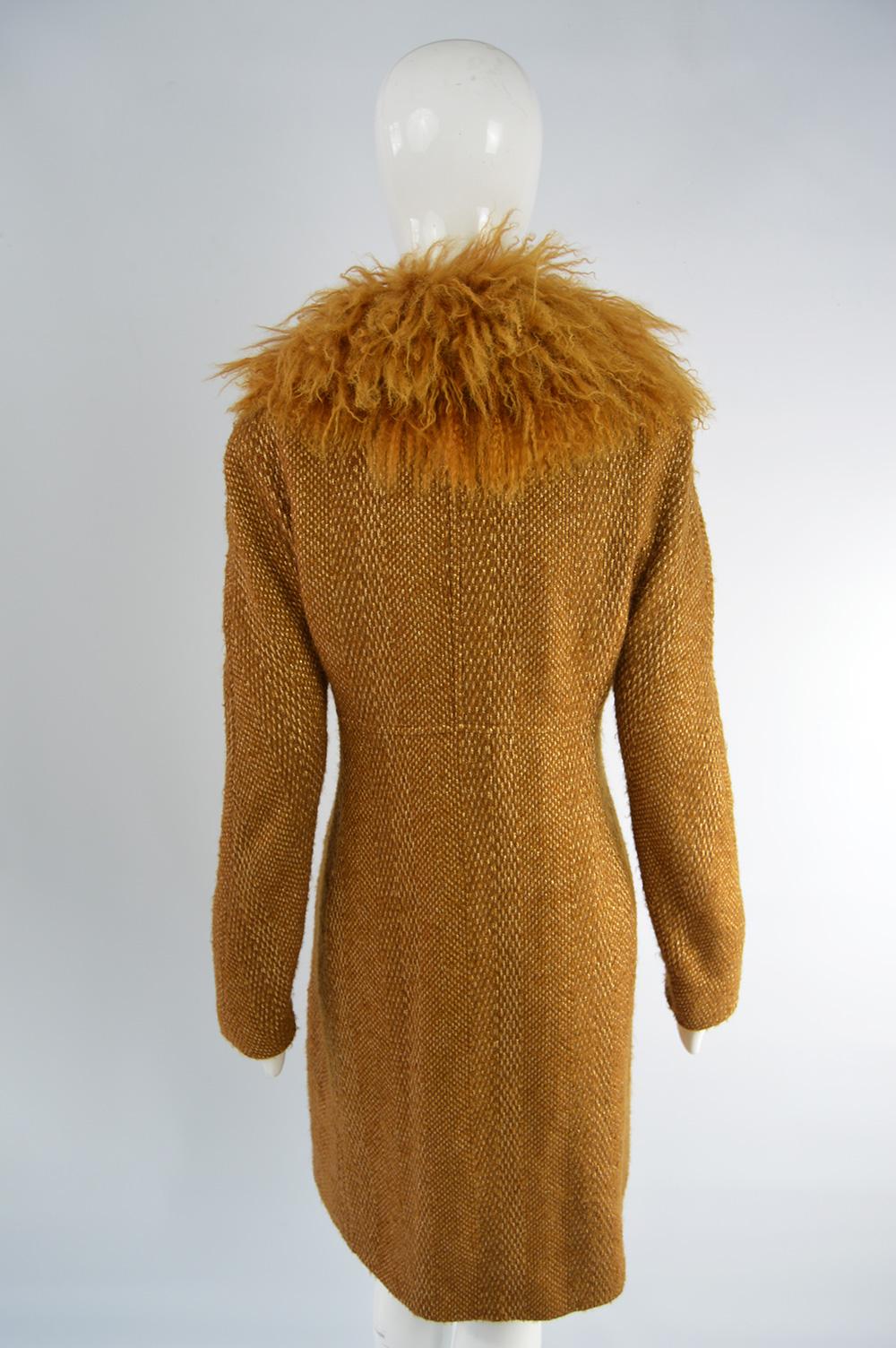 Valentino Boutique Mongolian Shearling Collar Vintage Gold Tweed Coat, 1980s 4