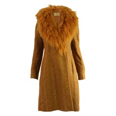 Valentino Boutique Mongolian Shearling Collar Vintage Gold Tweed Coat, 1980s
