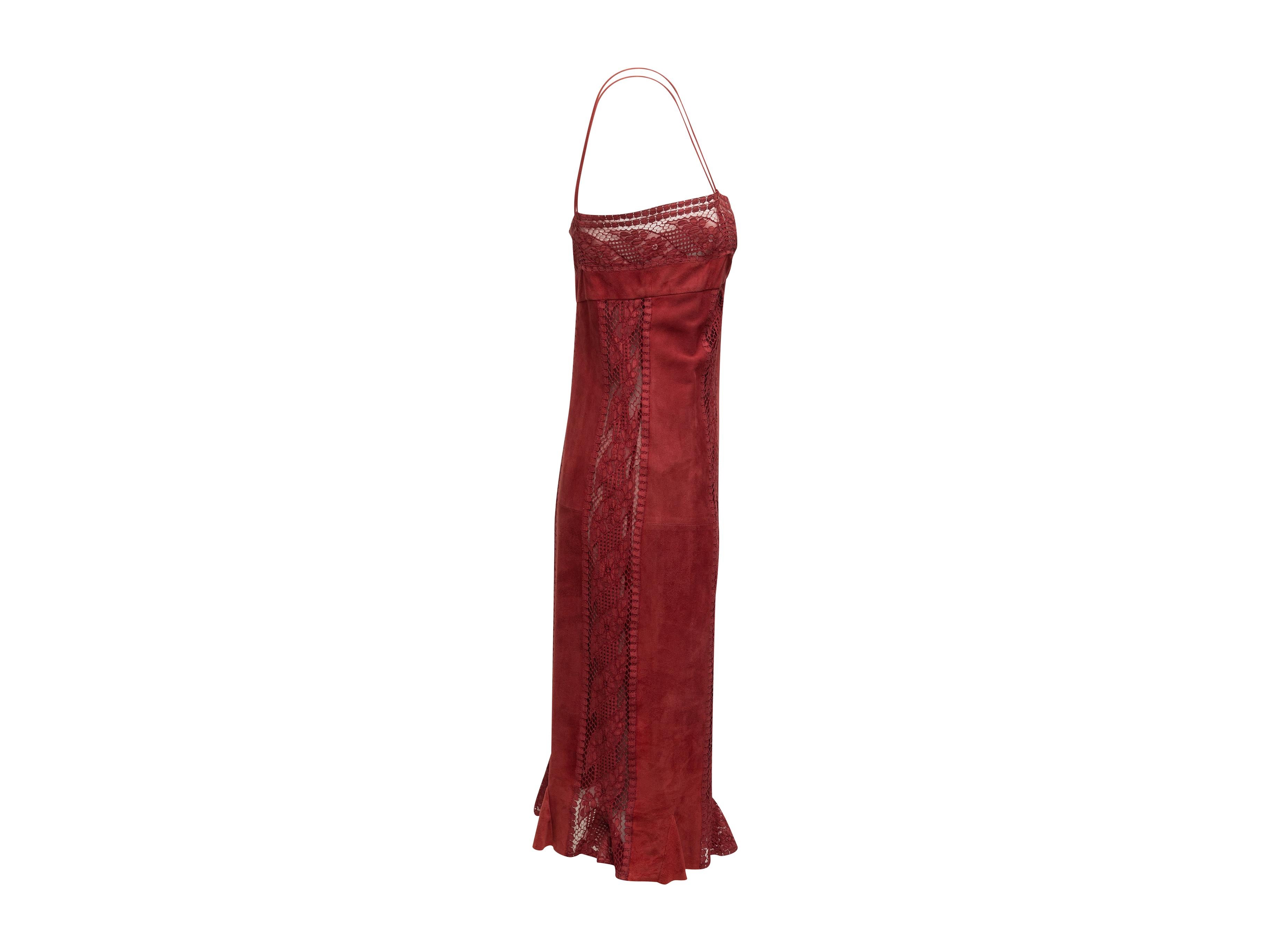 Product details: Vintage red suede and lace sleeveless dress by Valentino Boutique. Sweetheart neckline. Zip closure at side. 32