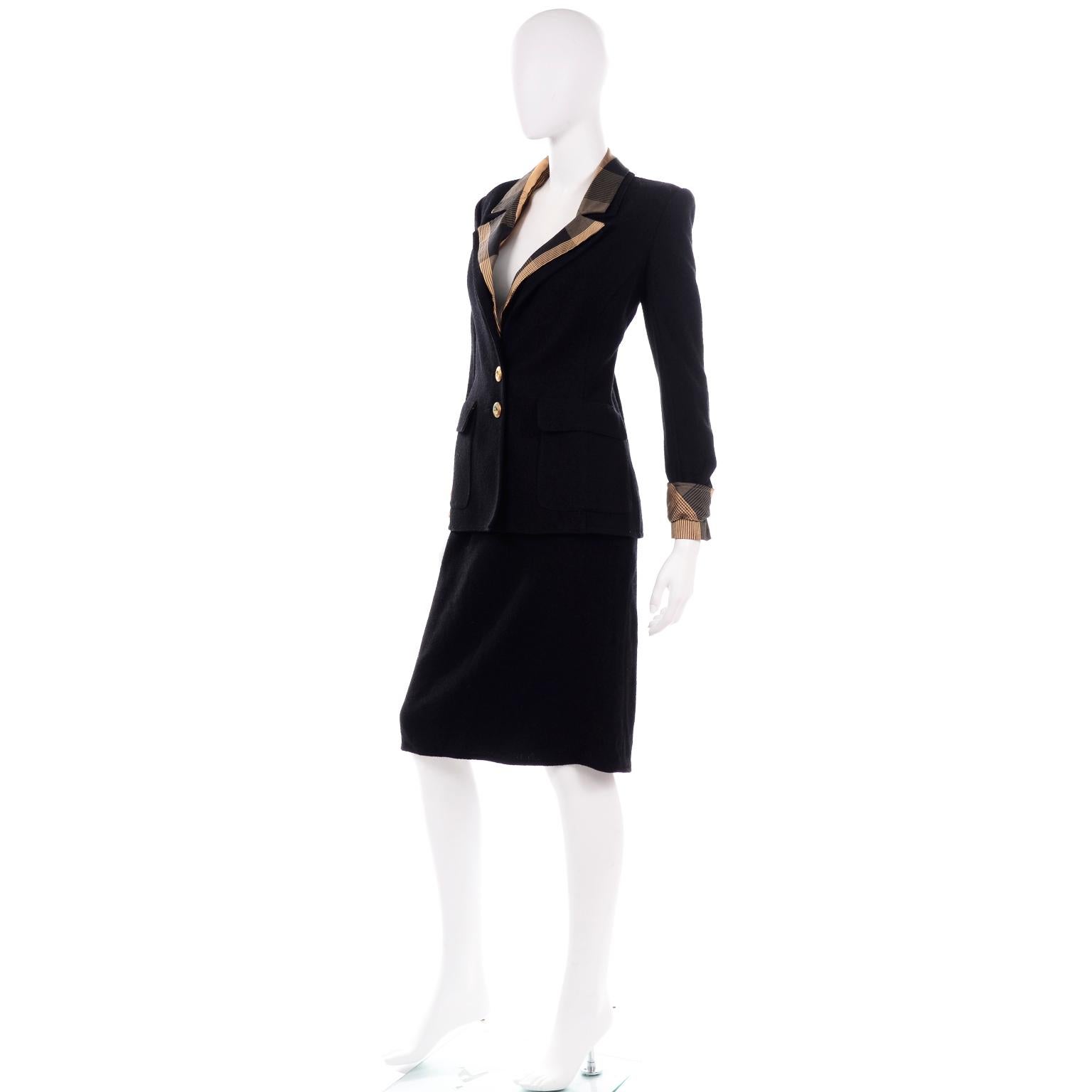 Valentino Boutique Vintage Black Boucle Skirt Suit With 2 Blazers Solid & Plaid In Excellent Condition For Sale In Portland, OR