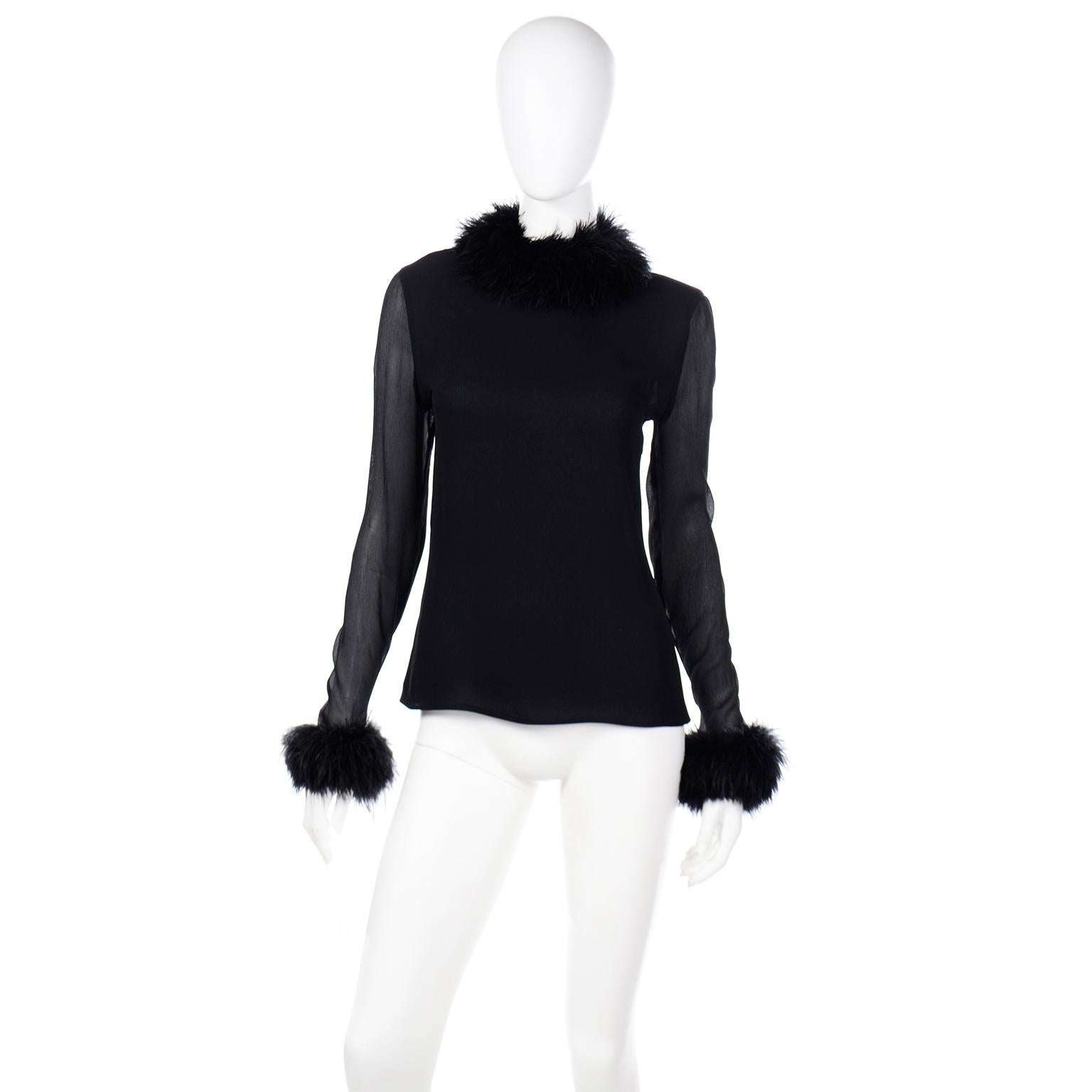 Valentino Boutique Vintage Black Long Sleeve Top w Marabou Feathers at