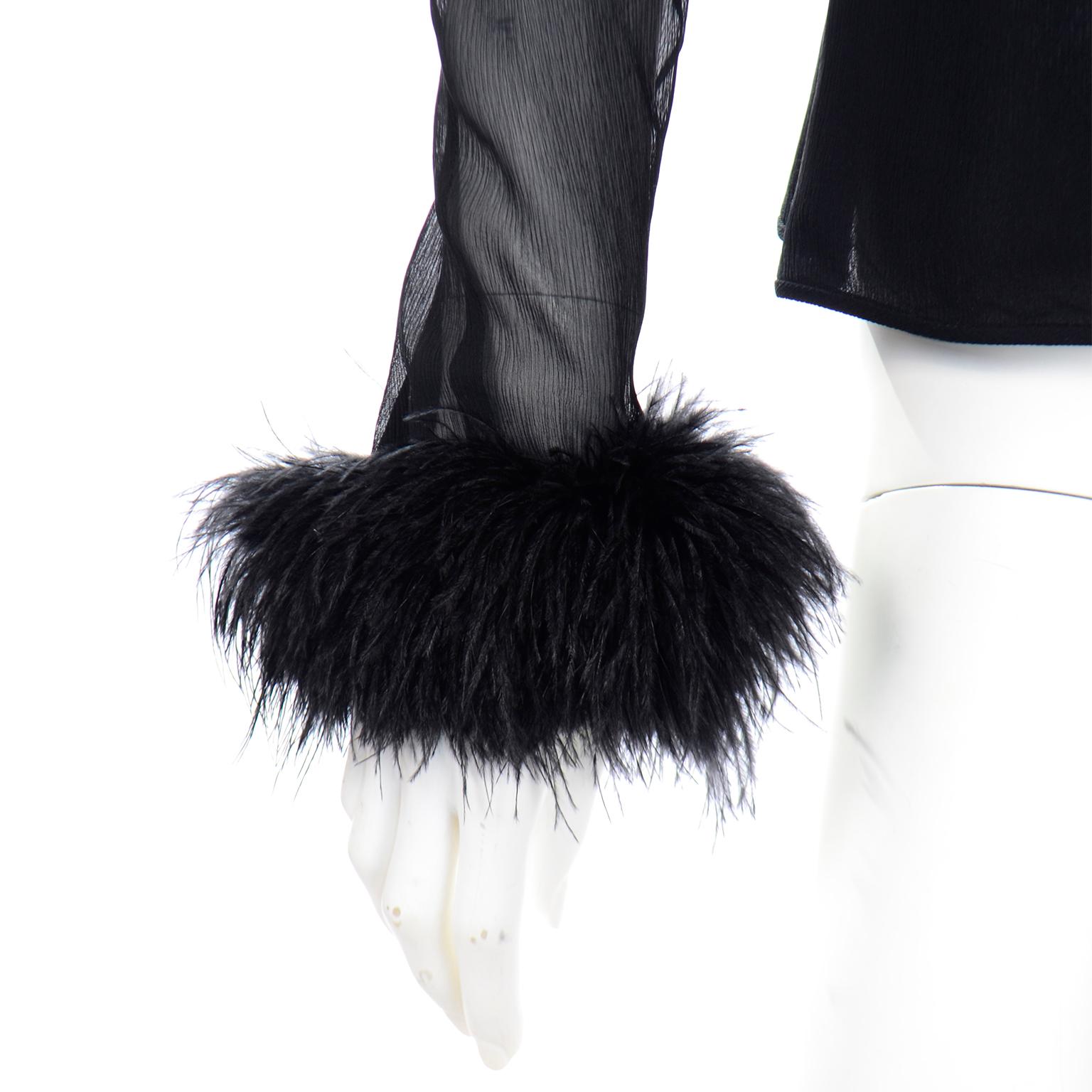 Women's Valentino Boutique Vintage Black Long Sleeve Top w Marabou Feathers