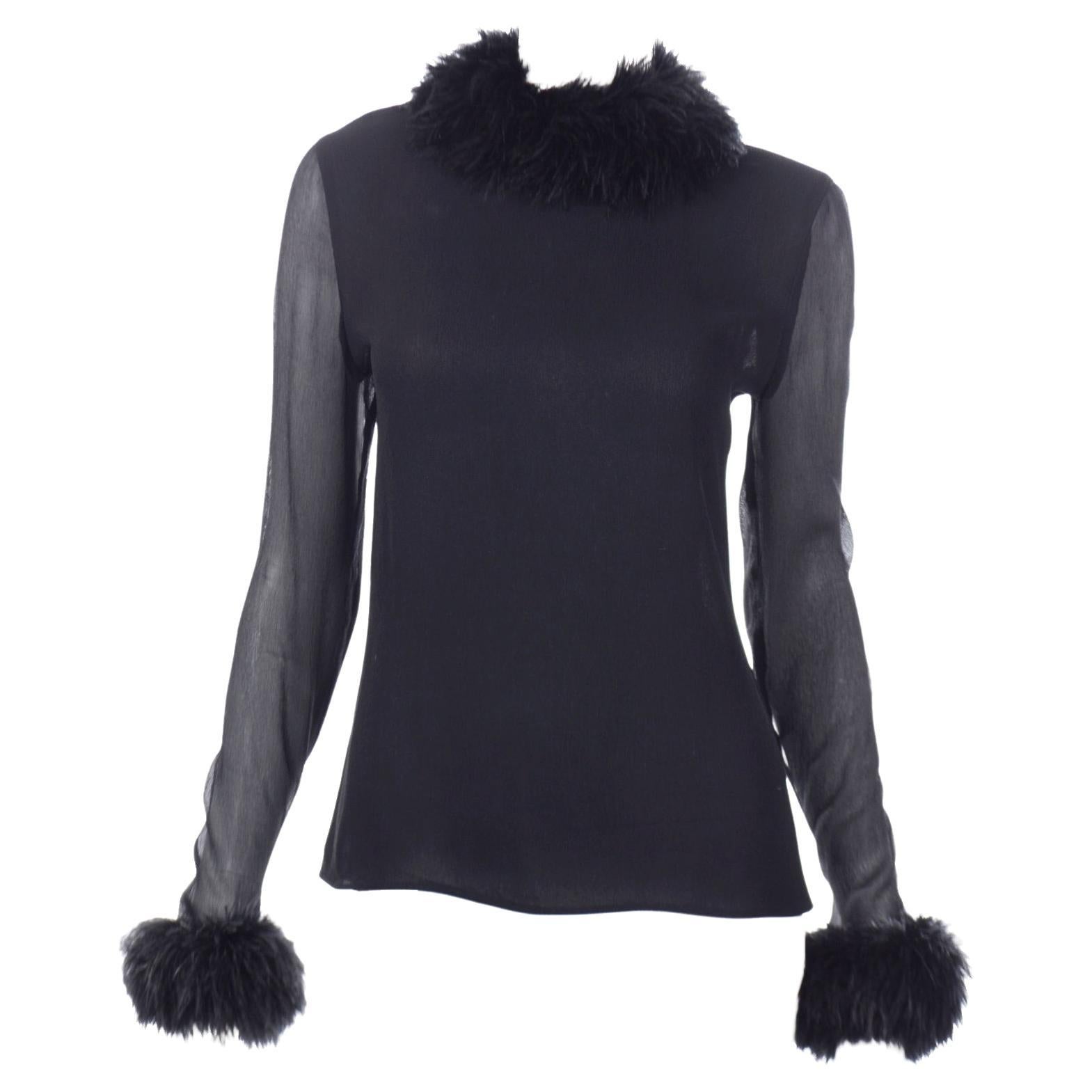 Valentino Boutique Vintage Black Long Sleeve Top w Marabou Feathers