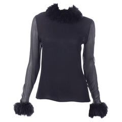 Valentino Boutique Vintage Black Long Sleeve Top w Marabou Feathers