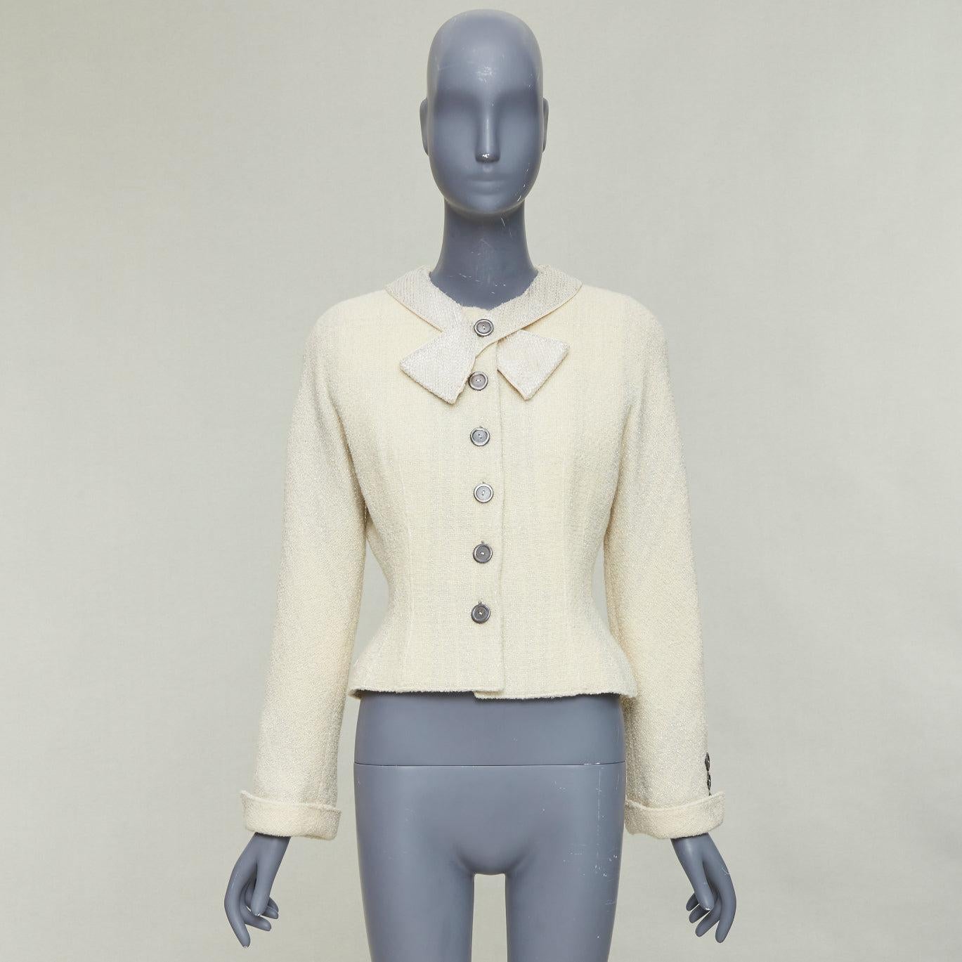 VALENTINO BOUTIQUE Vintage cream wool tweed beaded collar contour bar jacket US8 For Sale 6