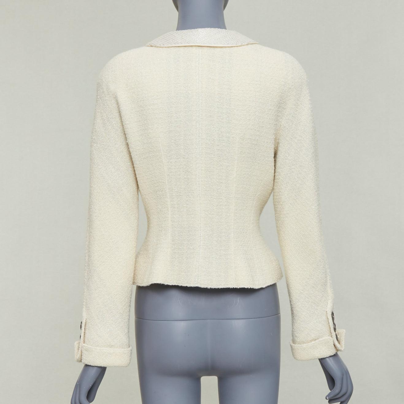 VALENTINO BOUTIQUE Vintage cream wool tweed beaded collar contour bar jacket US8 For Sale 2